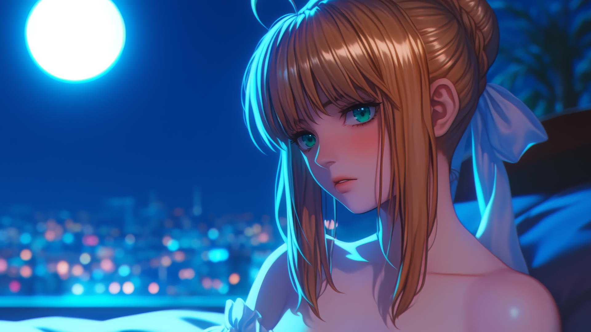 Saber from Fate Zero relaxing in a modern hotel room with moonlight glow