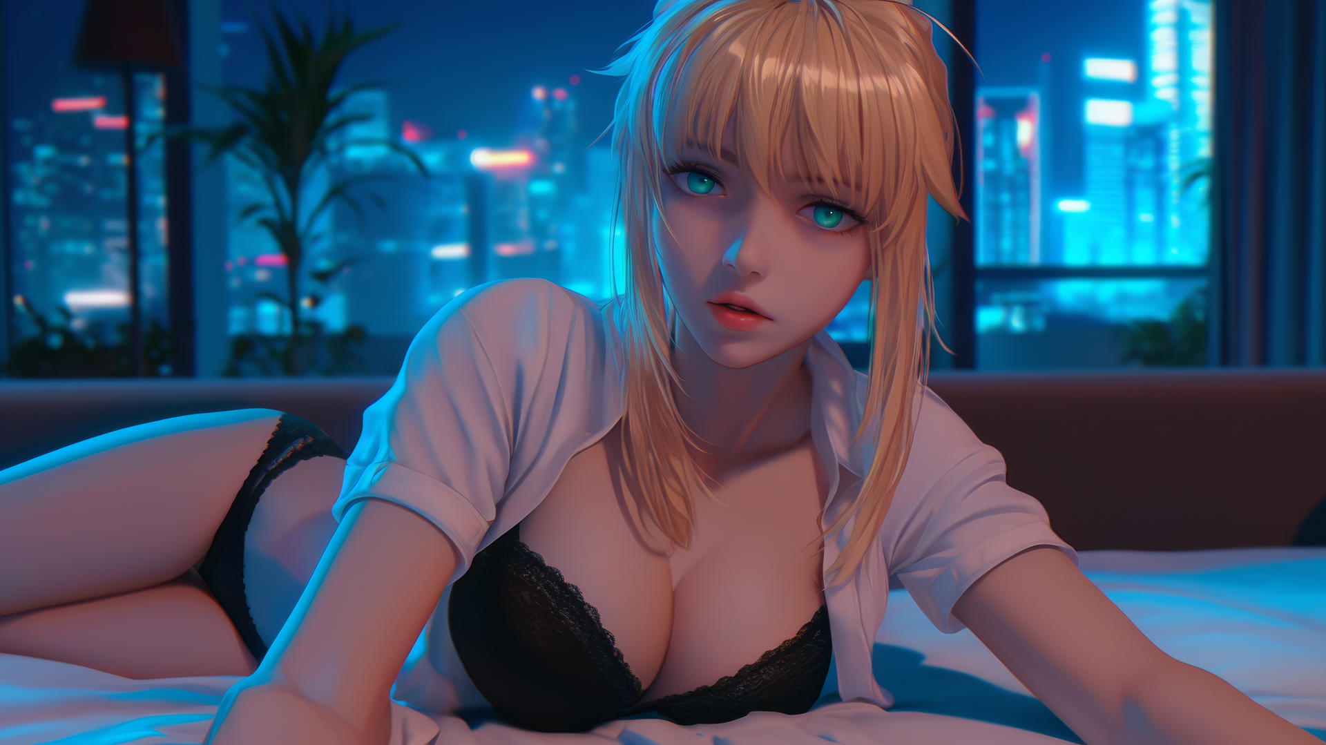 Saber from Fate Zero with green eyes resting in a moonlit modern hotel room.