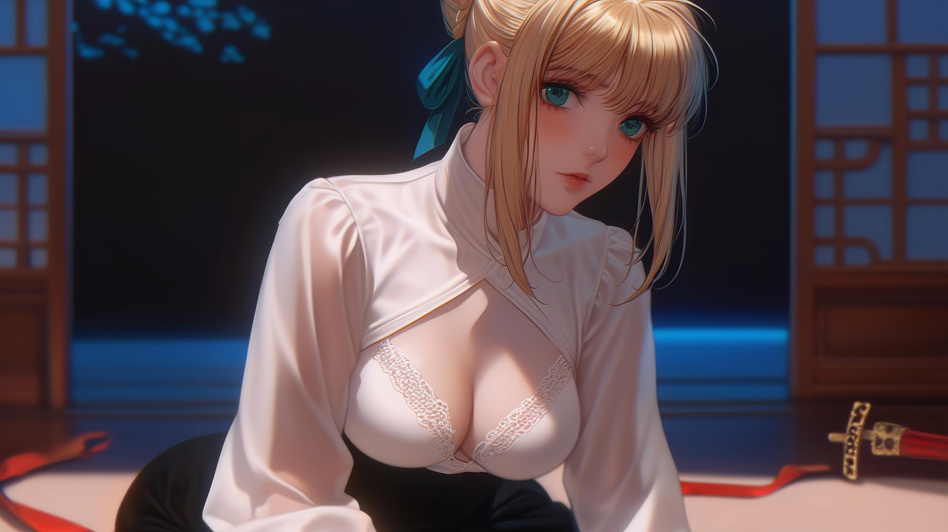 Saber from Fate Zero kneeling in a modern hotel room with moonlight glow
