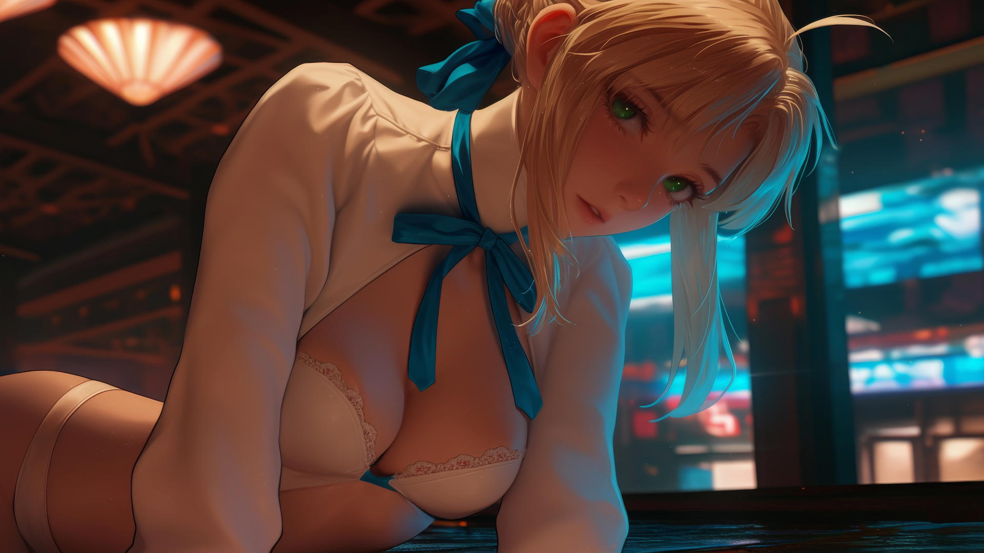 Saber from Fate Zero kneeling, looking down with warm light glow