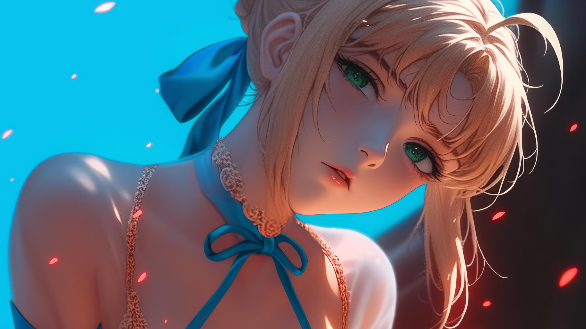 Saber from Fate Zero kneeling, looking down with green eyes, warm light, ceiling background.