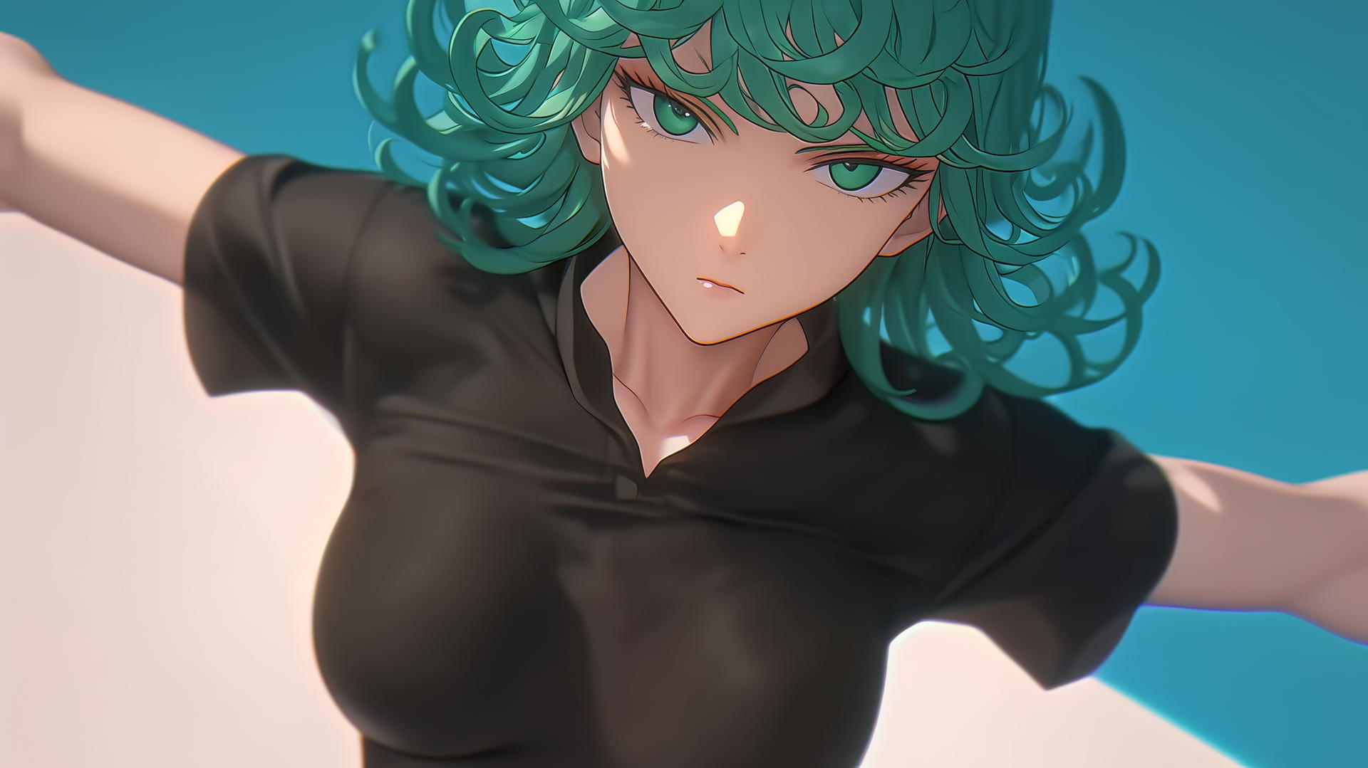 Tatsumaki from One-Punch Man kneeling and leaning forward, with green eyes and hair, under warm lighting.