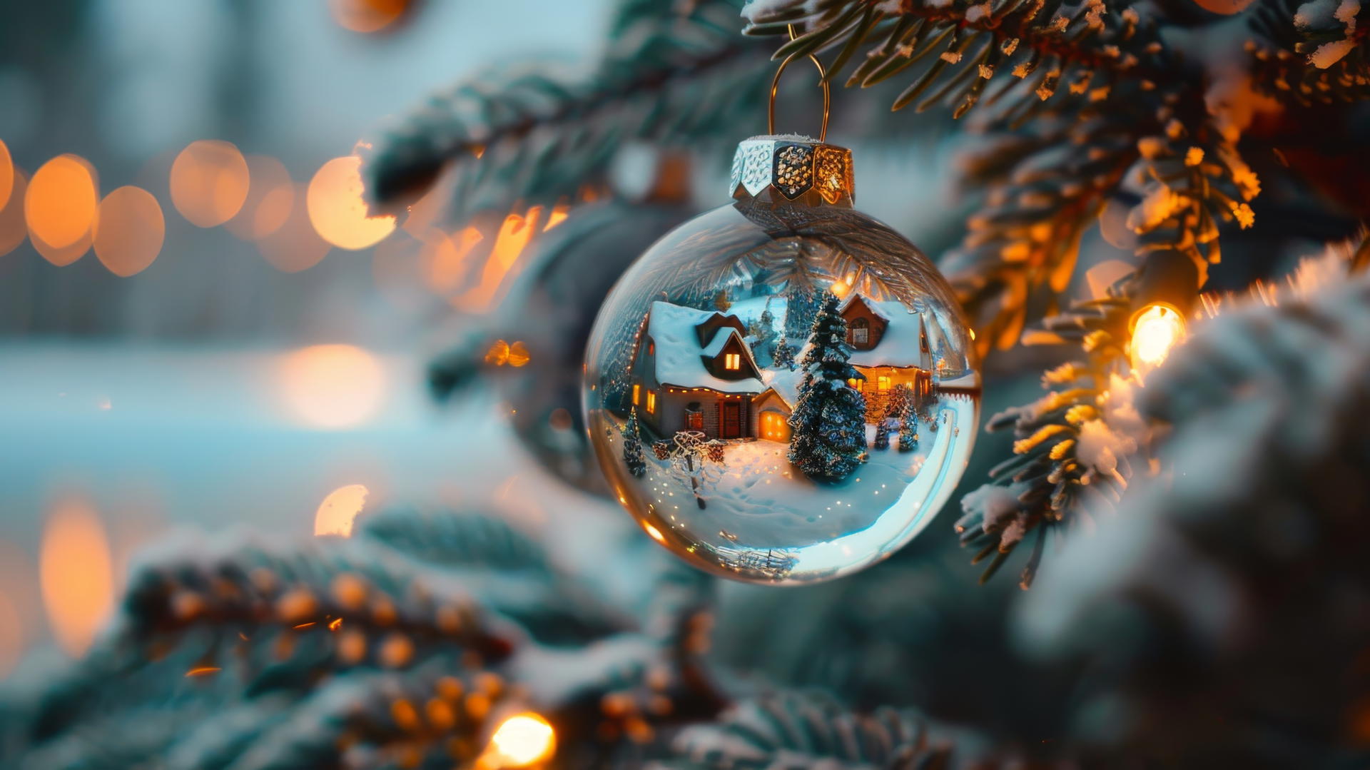 Glass Christmas balls with snow-covered villages, glowing houses, trees, and a frozen lake hanging on a Christmas tree.