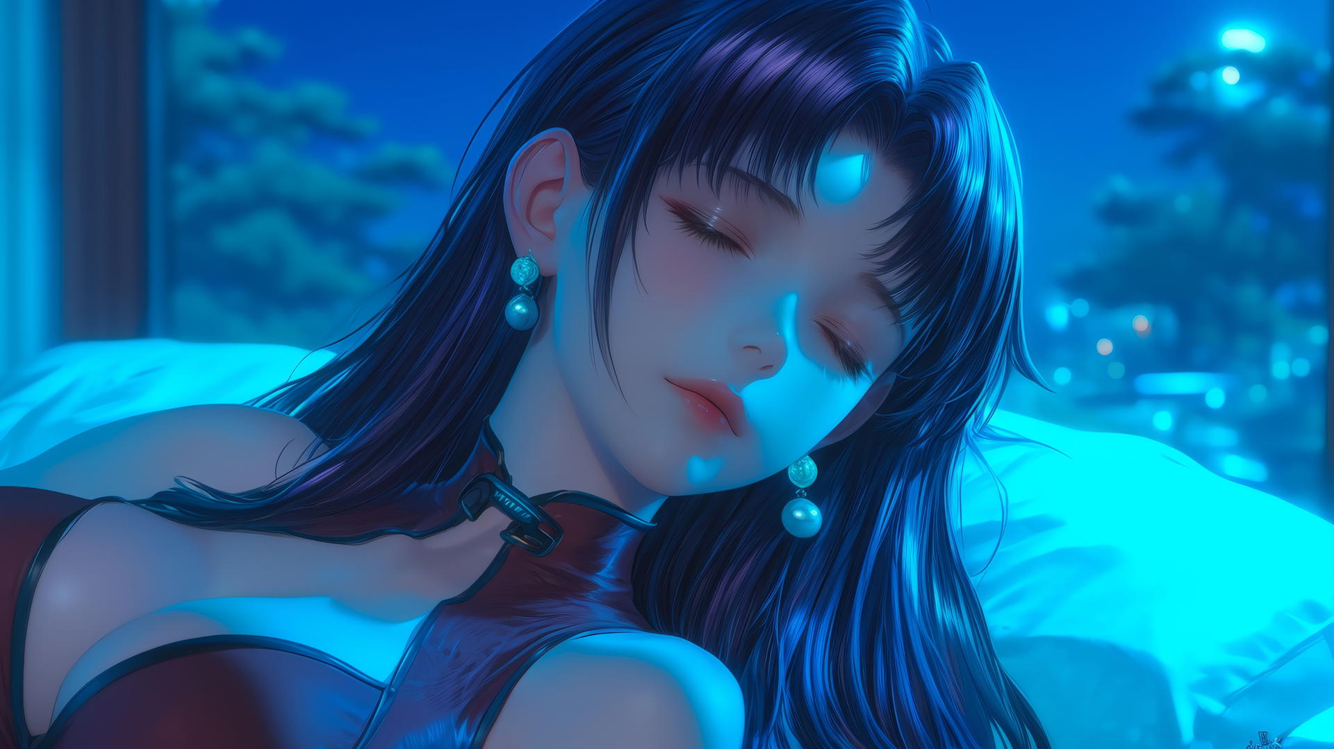 Misato Katsuragi with long dark violet hair and dark brown eyes resting in a modern hotel room with moonlight glow.