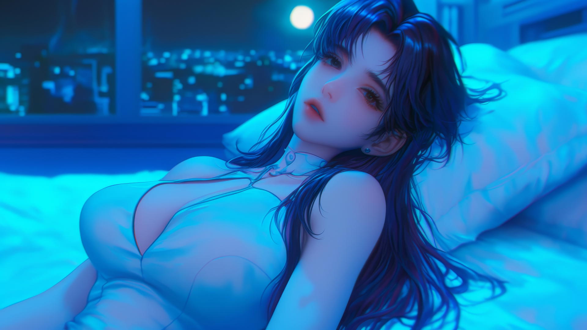 Misato Katsuragi from Neon Genesis Evangelion resting in a modern hotel room under moonlight.