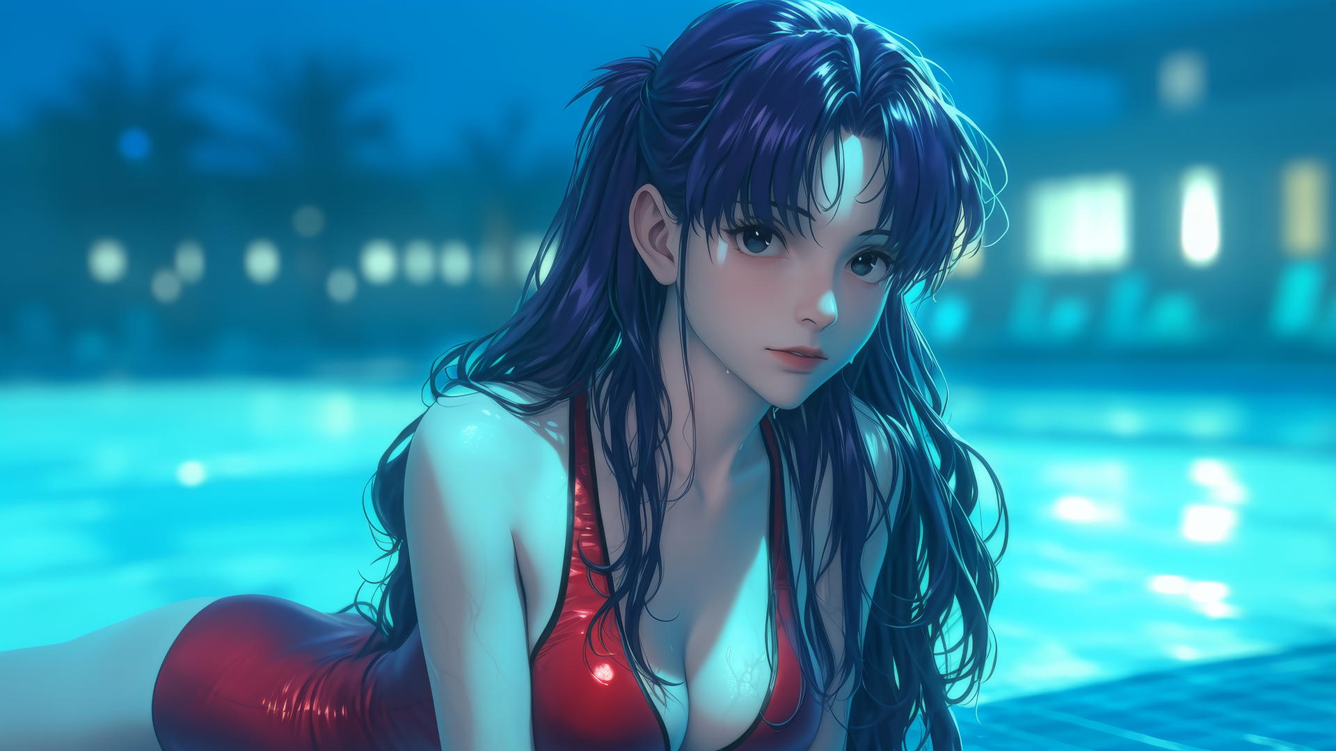 Misato Katsuragi resting by the pool under moonlight
