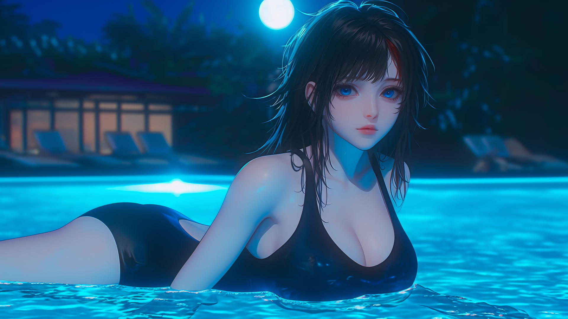 Ryuko Matoi with black feathery hair and red streak, blue eyes with gear-shaped pupils, resting by a moonlit pool