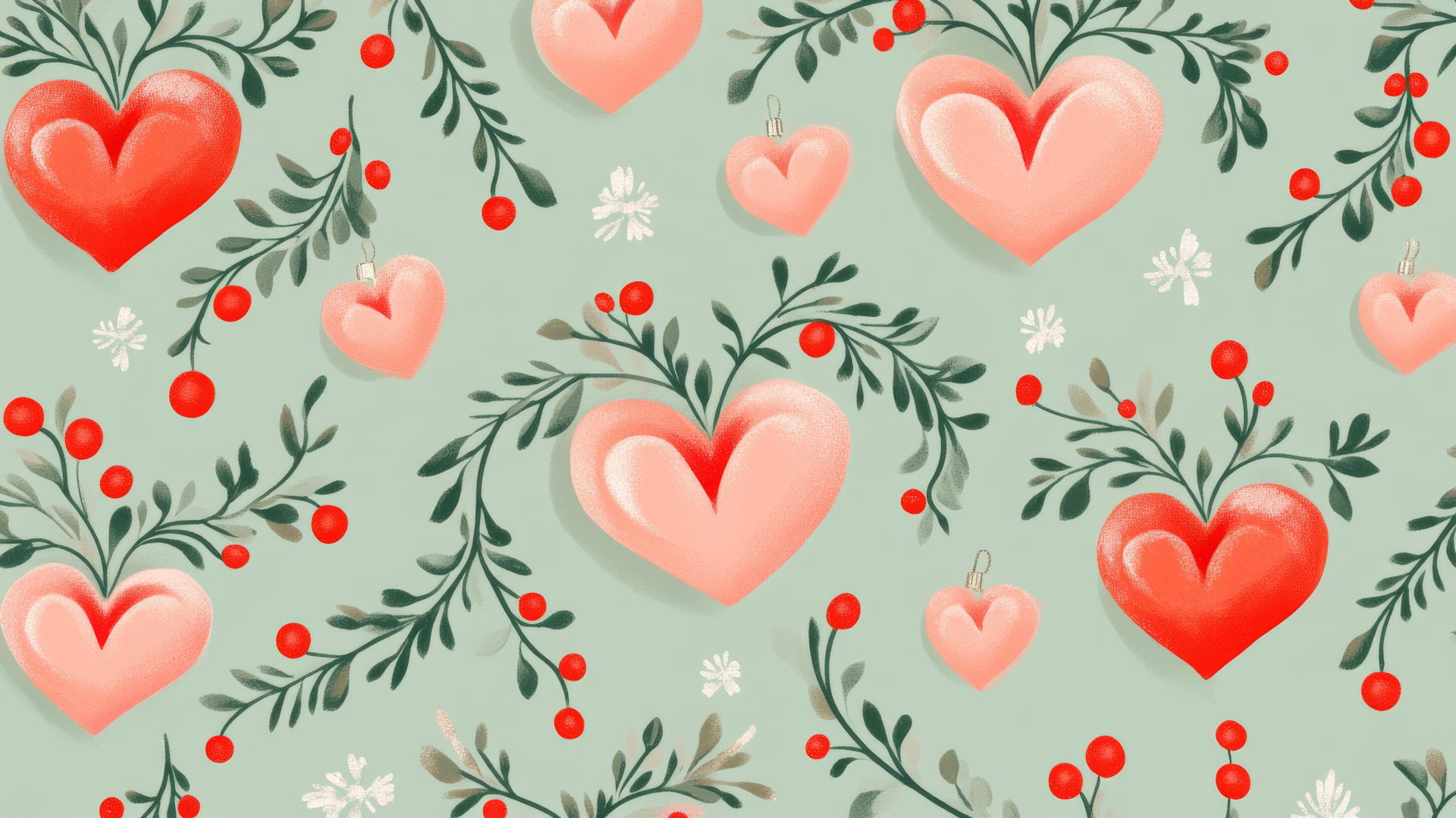 aesthetic preppy Christmas wallpaper with heart-shaped ornaments and mistletoe on pastel green background
