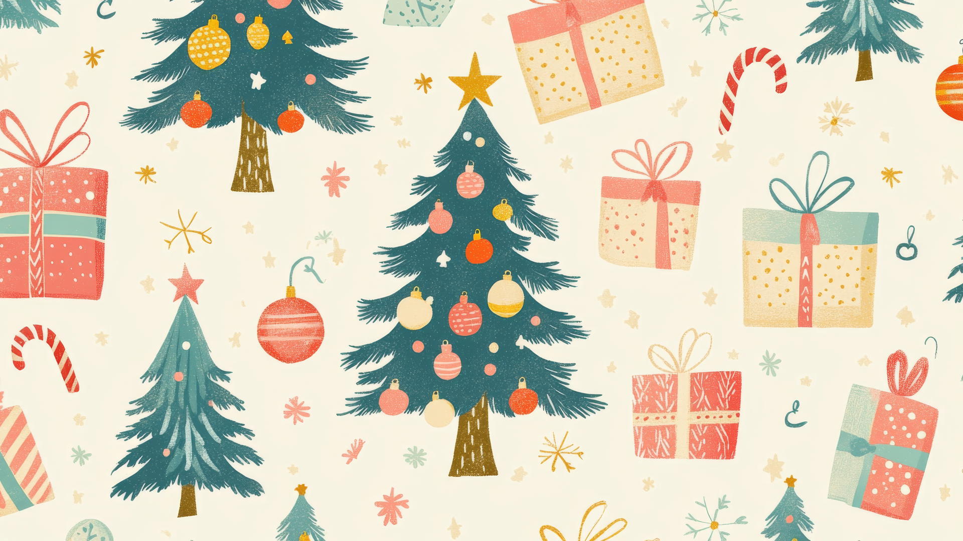 cute preppy Christmas wallpaper featuring Christmas trees with colorful ornaments and pastel presents on cream background