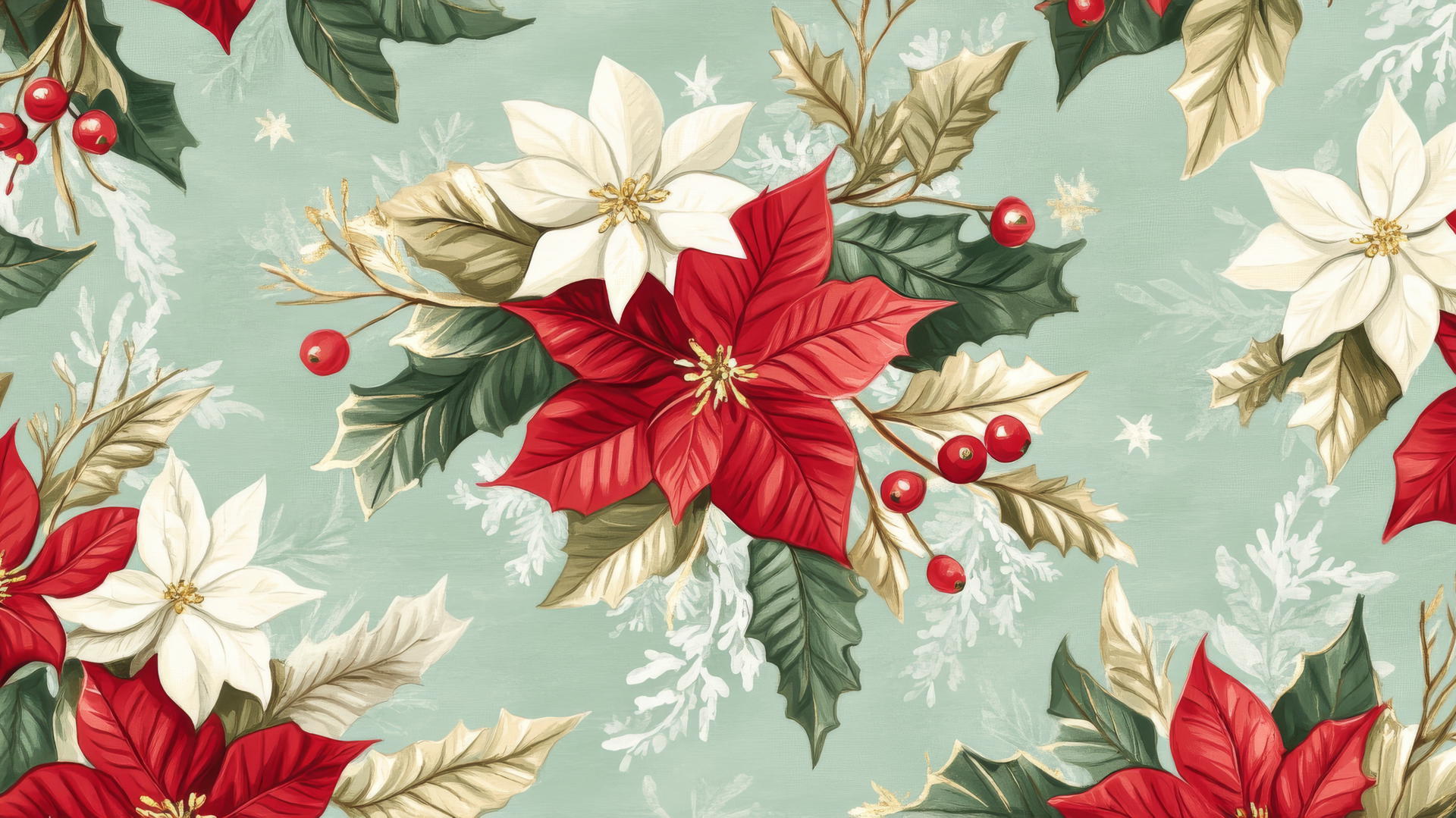 Preppy Christmas wallpaper with poinsettias, holly leaves, and mistletoe on mint green