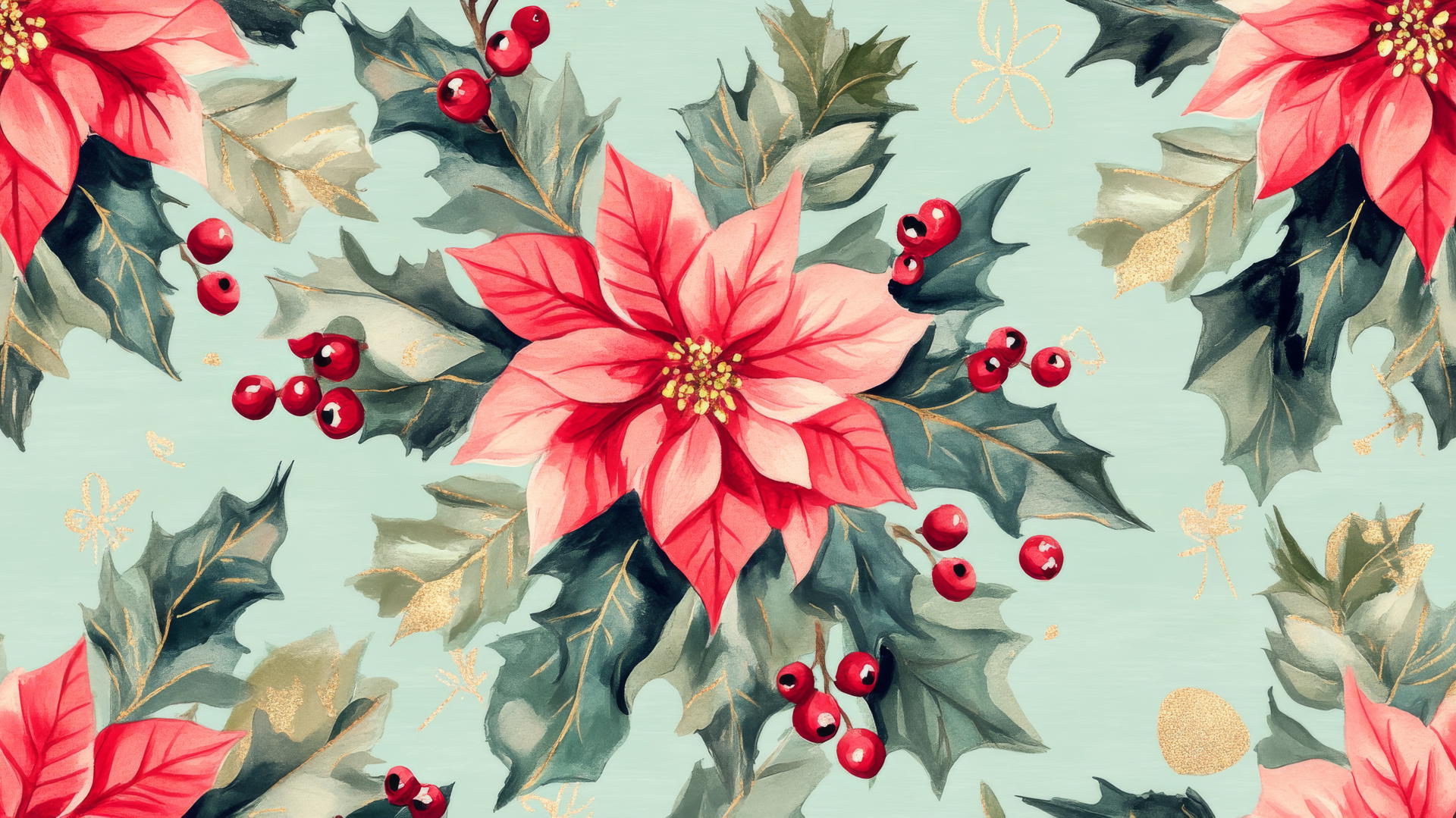 Preppy Christmas wallpaper with poinsettias, holly leaves, and mistletoe on mint green