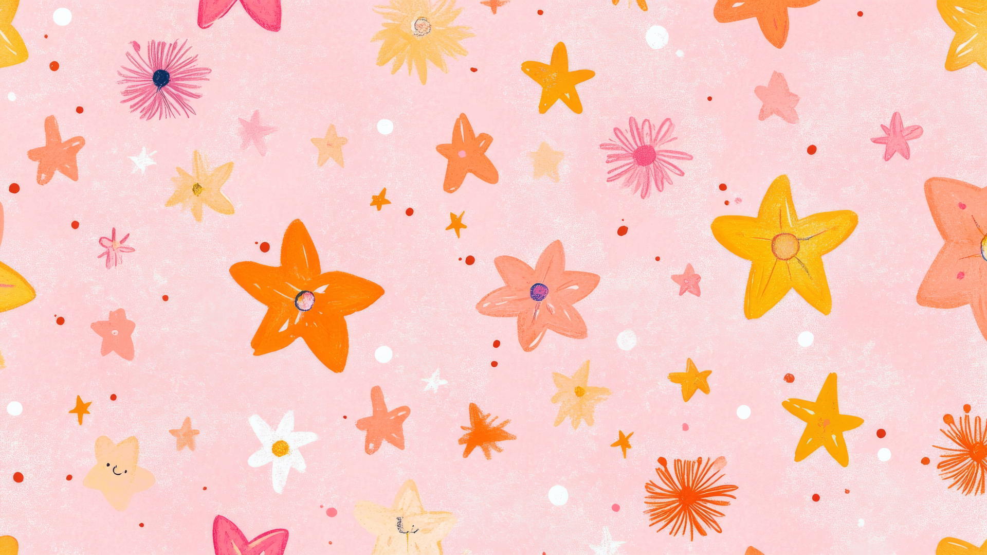 Pink preppy wallpaper with hand-drawn stars and flowers in pink, yellow, and orange on pastel pink