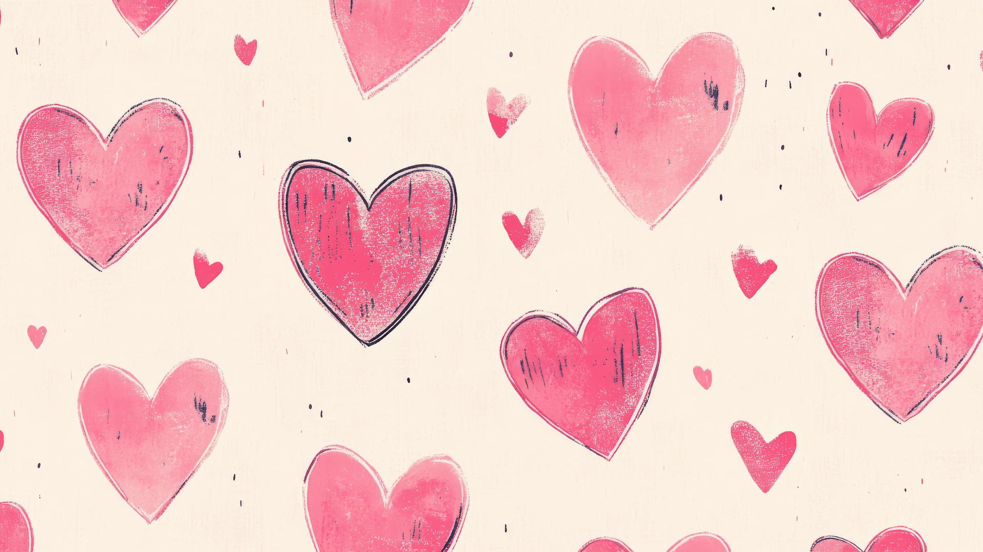 preppy wallpaper with pink hearts on a cream background, hand-drawn and cute