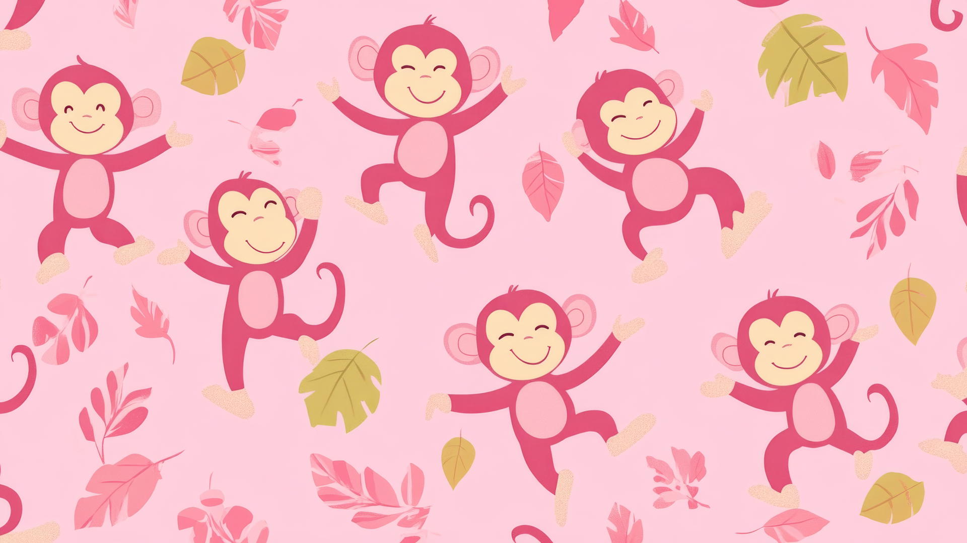pink preppy wallpaper with cartoon monkeys dancing on a pink background