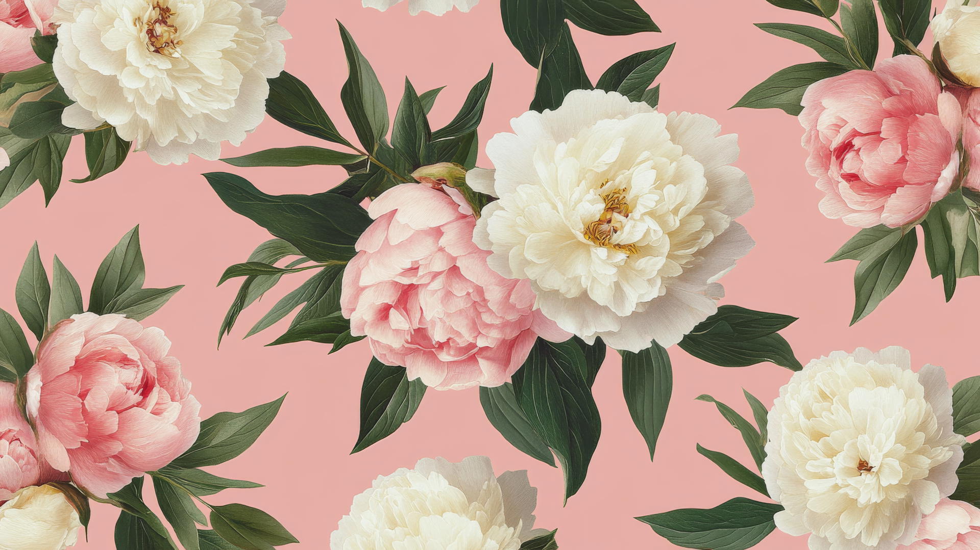 Preppy pink wallpaper with pink and white peonies and green leaves on blush pink background