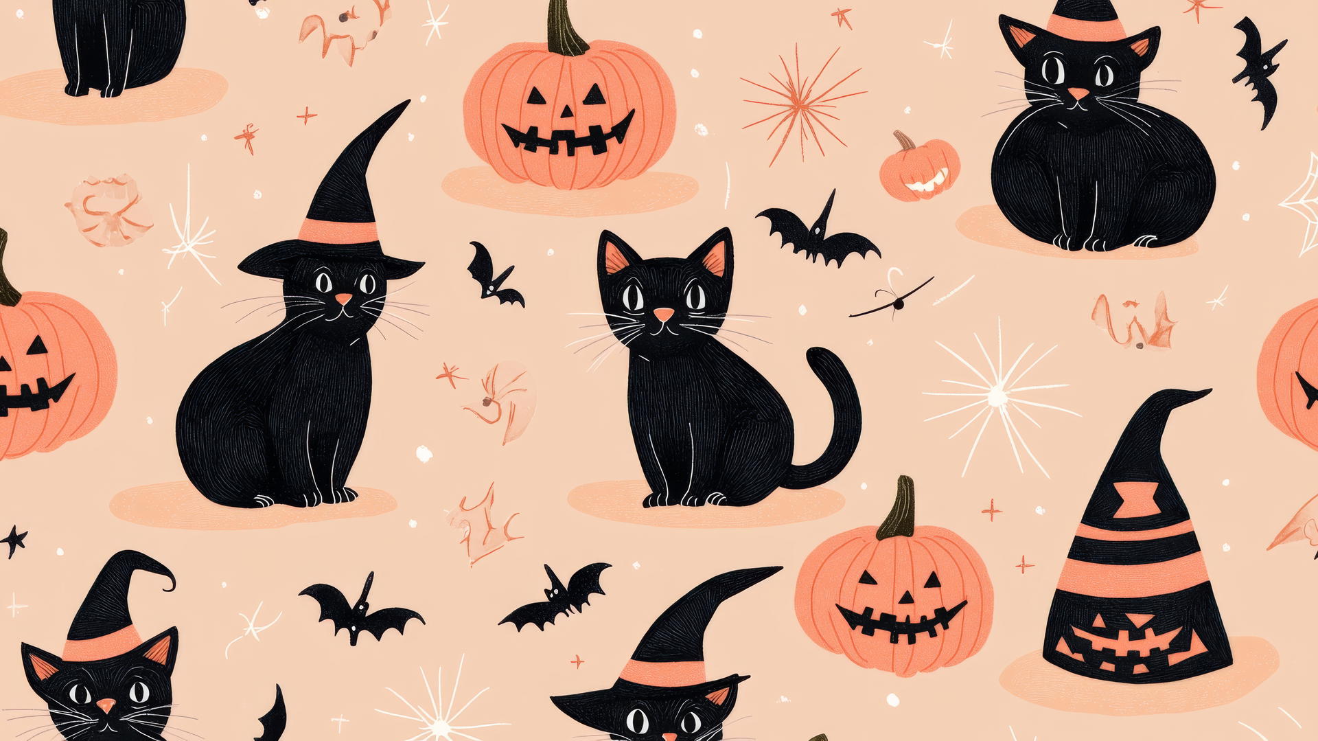 Halloween wallpaper preppy with cute black cats, pumpkins, witch hats on pastel peach background