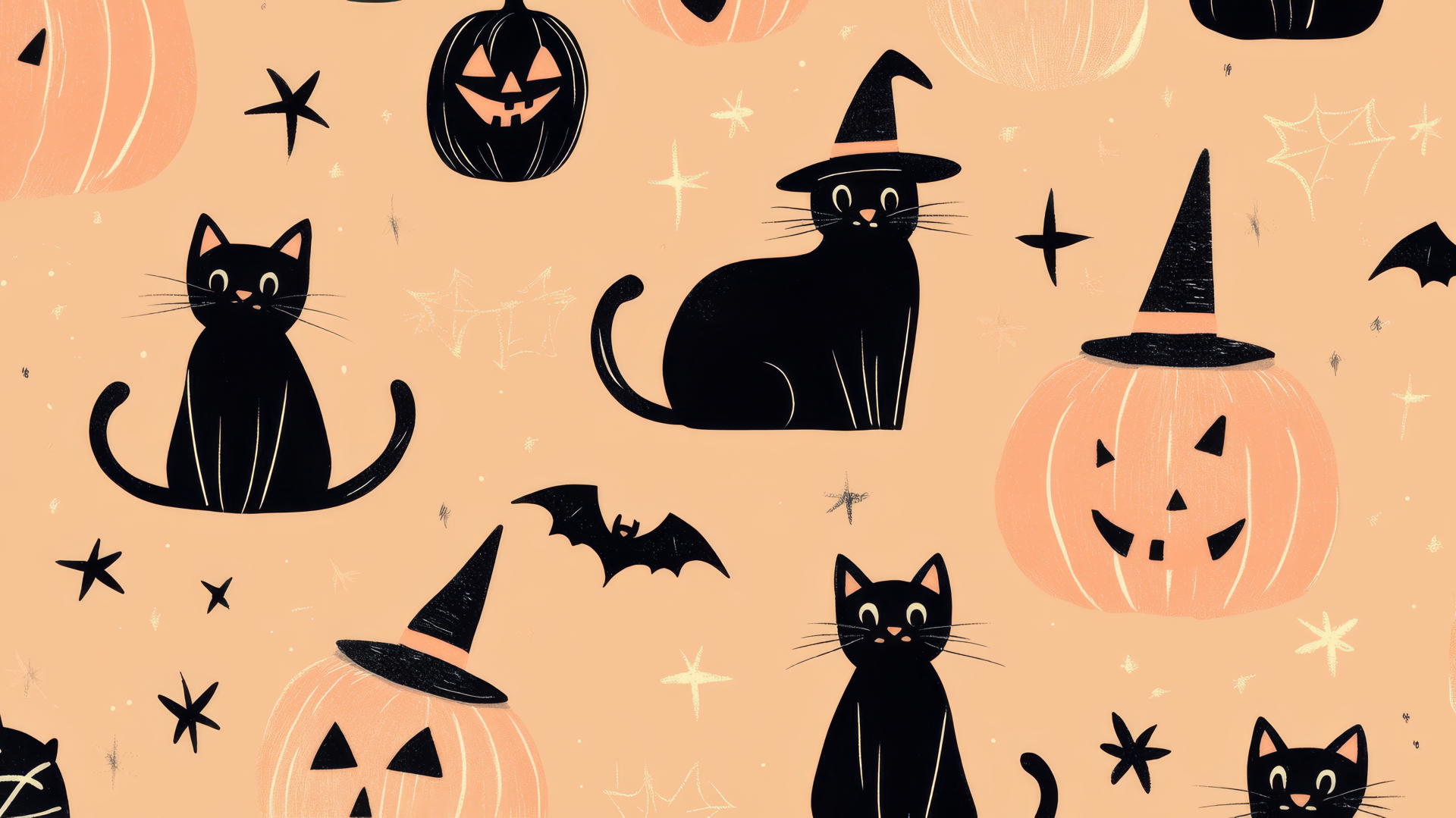 Preppy wallpaper Halloween with cats, pumpkins, witch hats