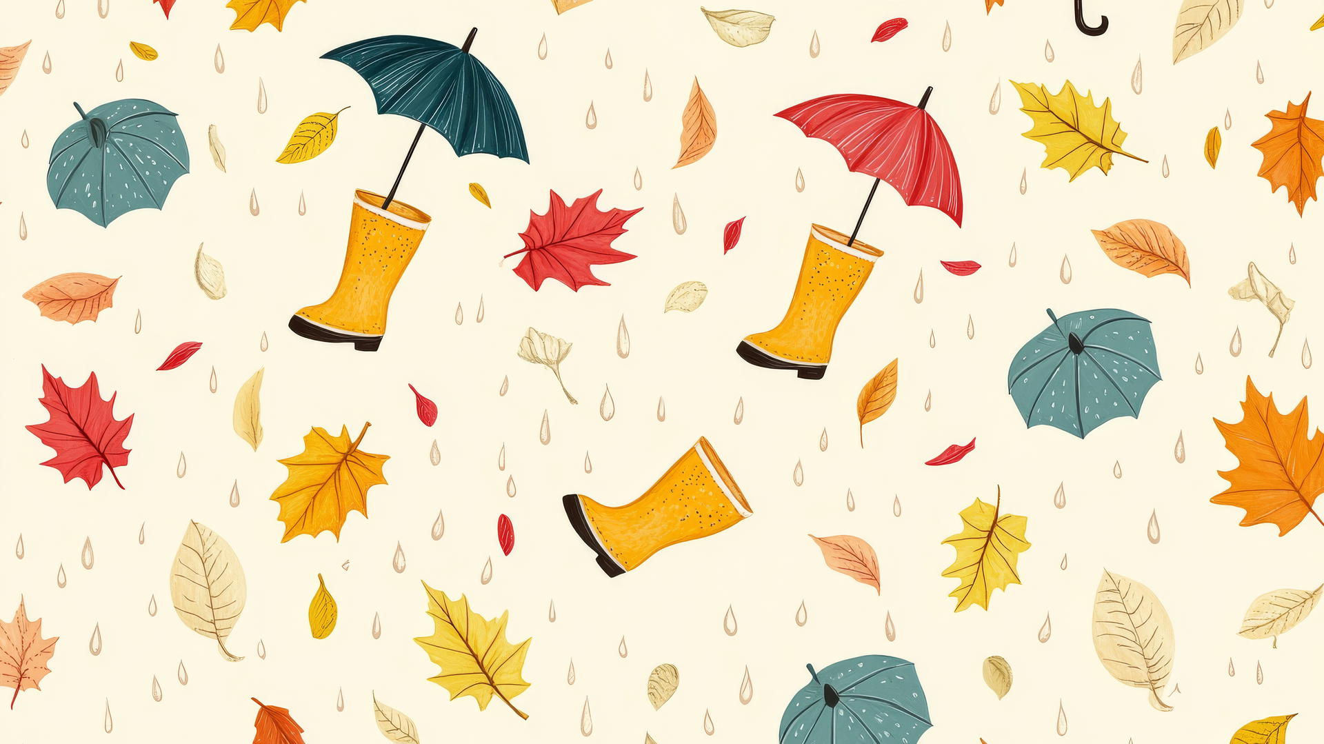 Preppy fall wallpaper with cute rain boots, umbrellas, and falling leaves on a light yellow background.