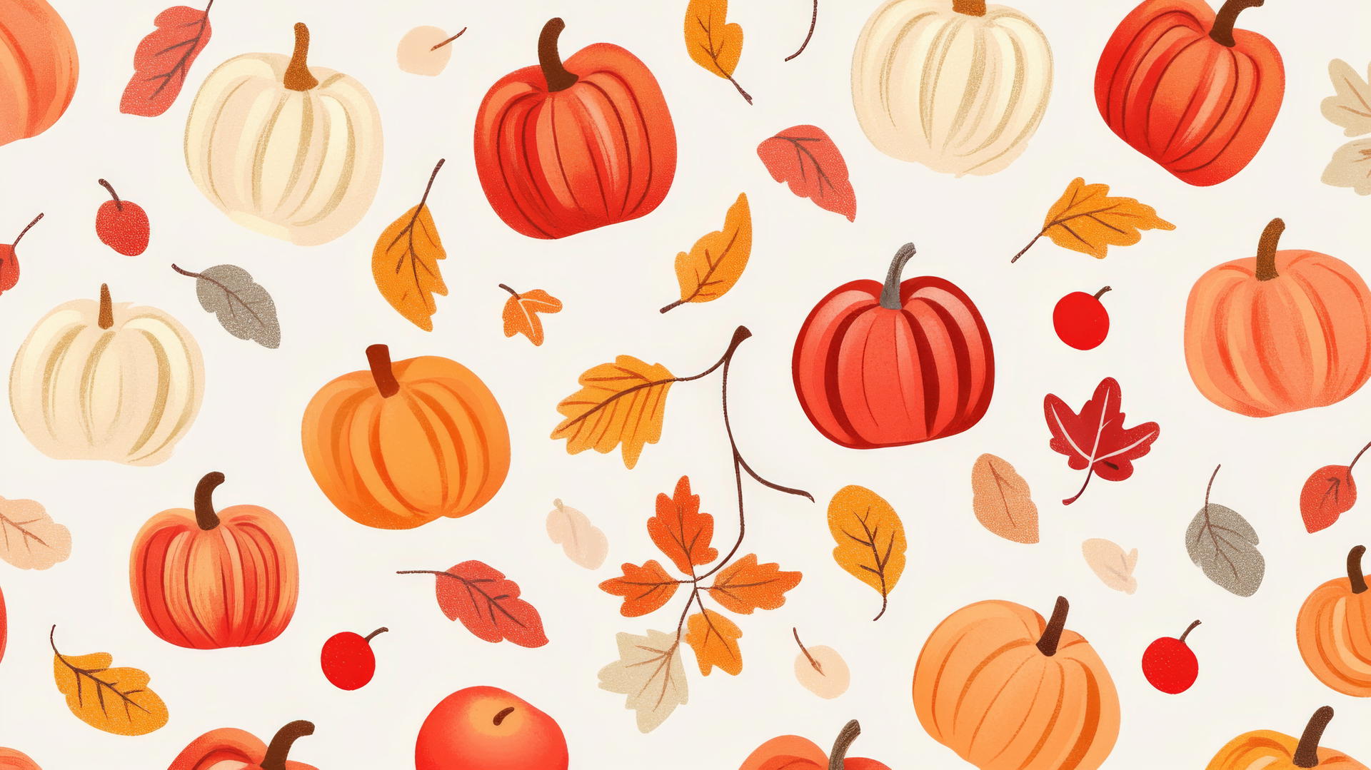 preppy fall wallpaper with pumpkins, apples, and fall leaves in a flat cartoon style