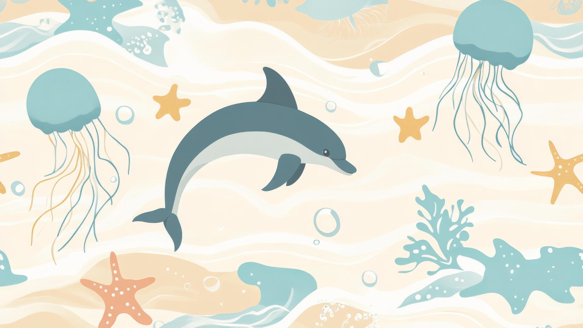 Preppy beach wallpaper with cartoon dolphins, starfish, and jellyfish on a sandy beige background