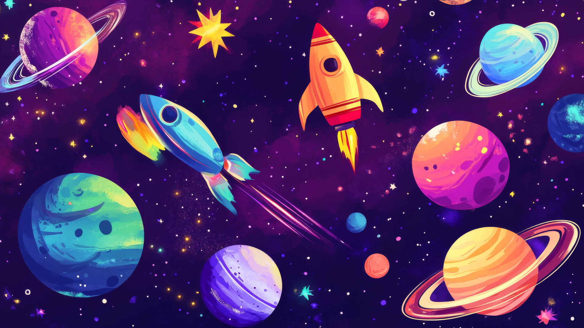 wallpapers cute with cartoon planets, rockets, stars in vibrant colors on purple galaxy