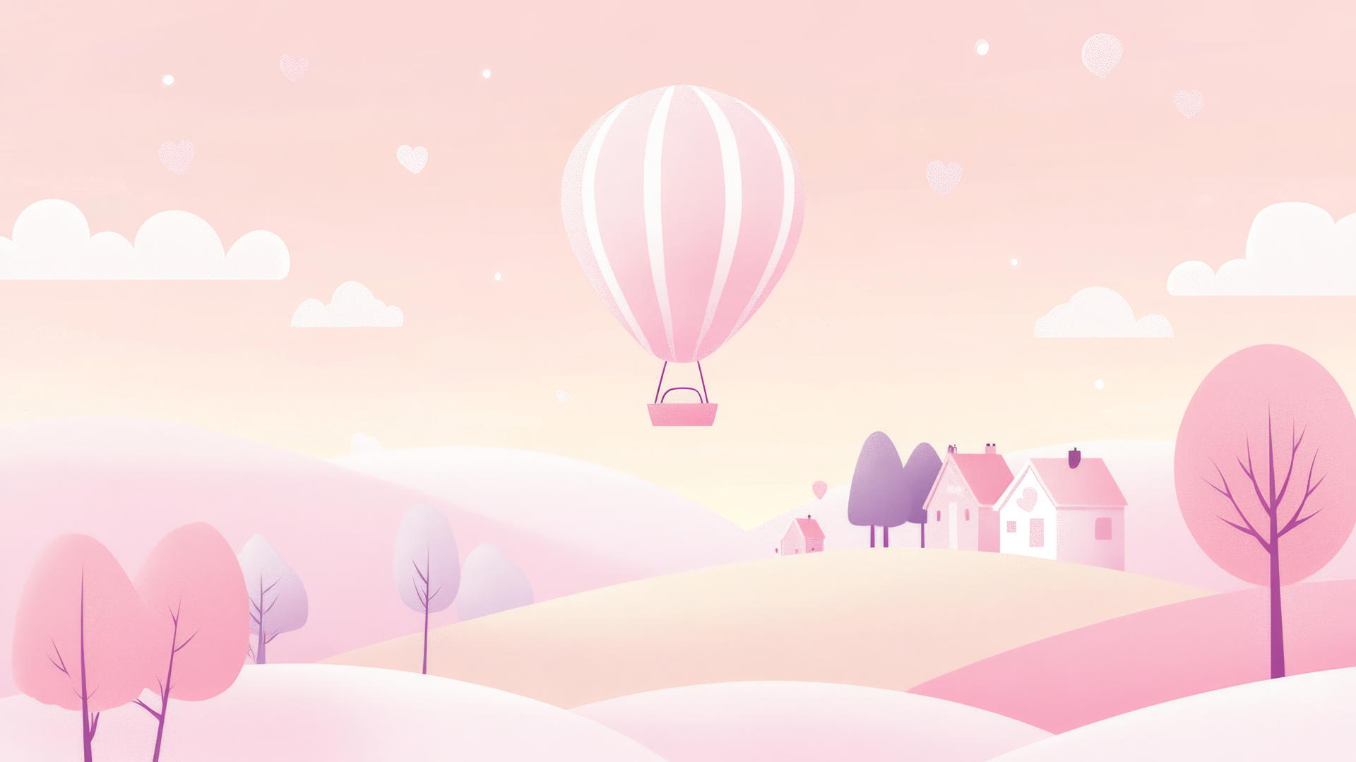 aesthetic cute wallpapers with pastel hot air balloon, hills, houses, pink sunrise