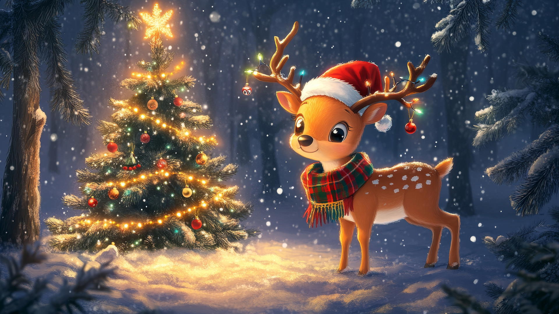 cute wallpapers for christmas with cartoon reindeer, Santa hat, Christmas tree