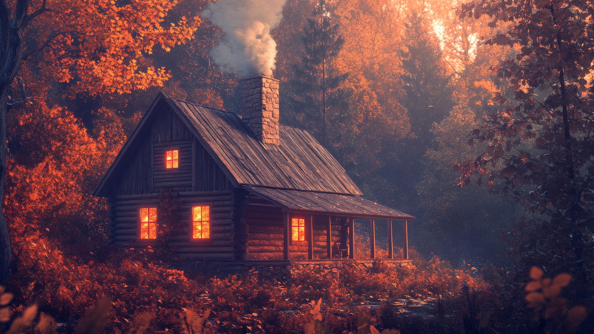 Cute fall aesthetic wallpapers with woodland cabin, vibrant fall leaves.