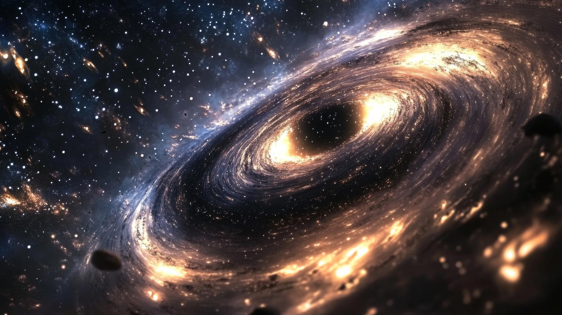 black hole wallpaper with a calm galaxy, soft light, and glowing stars