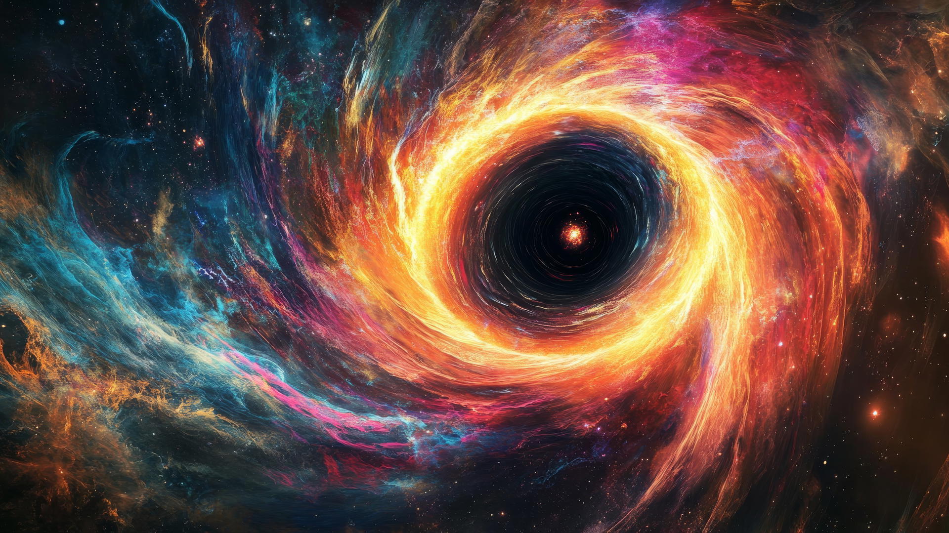Black hole wallpaper with colorful light waves spiraling into it