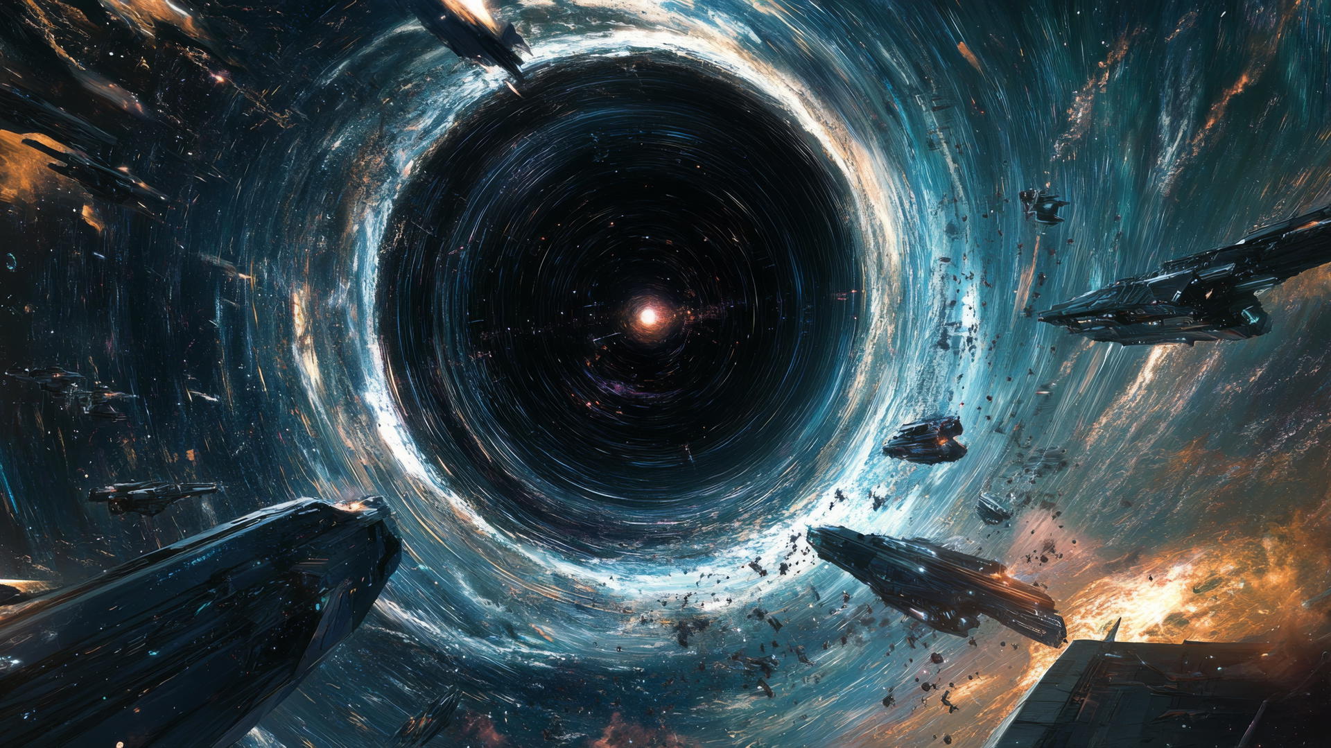 Futuristic black hole wallpaper with interstellar gateway and starships
