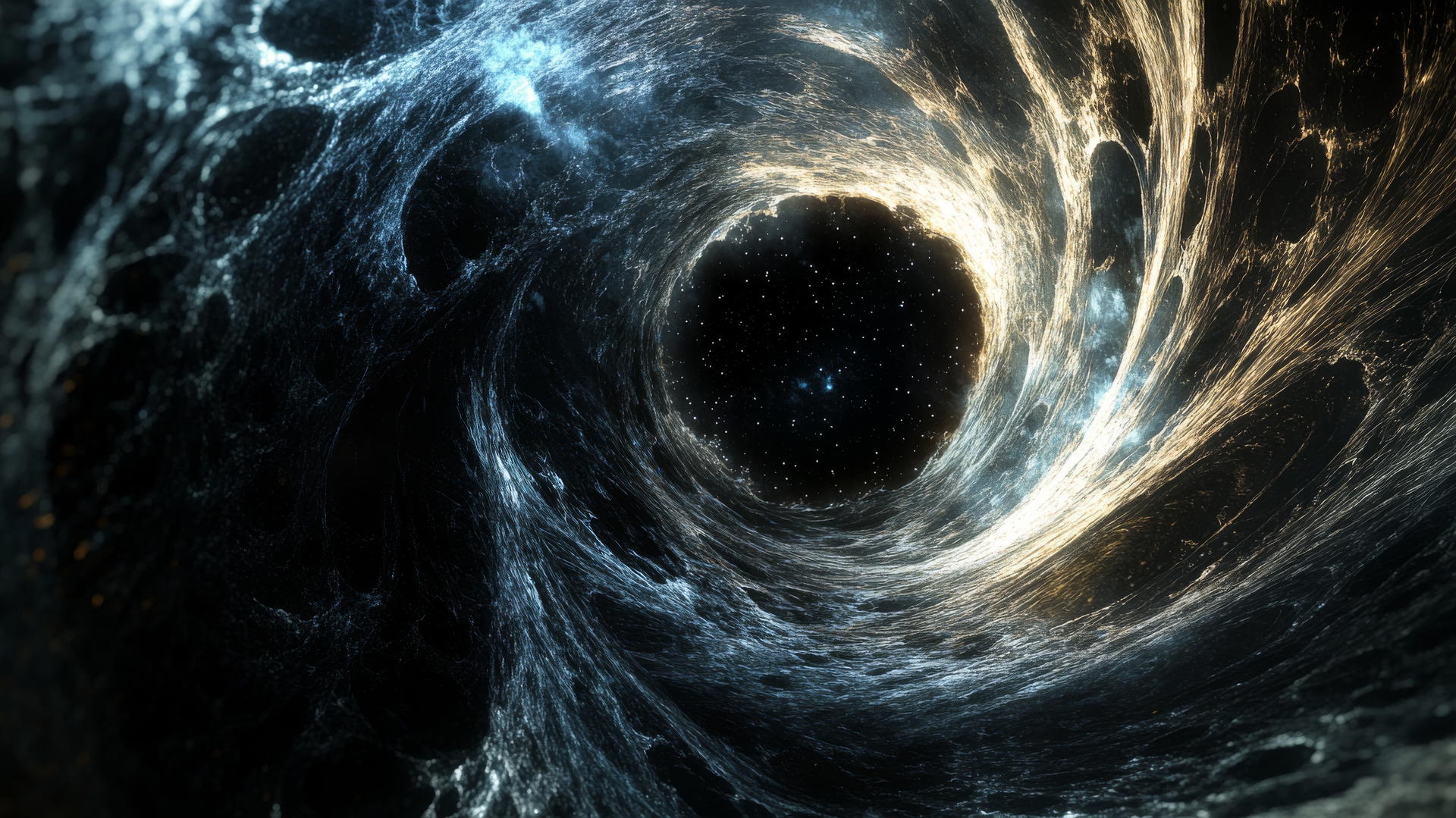 Black hole wallpaper showing intricate patterns of light and matter swirling around the event horizon.