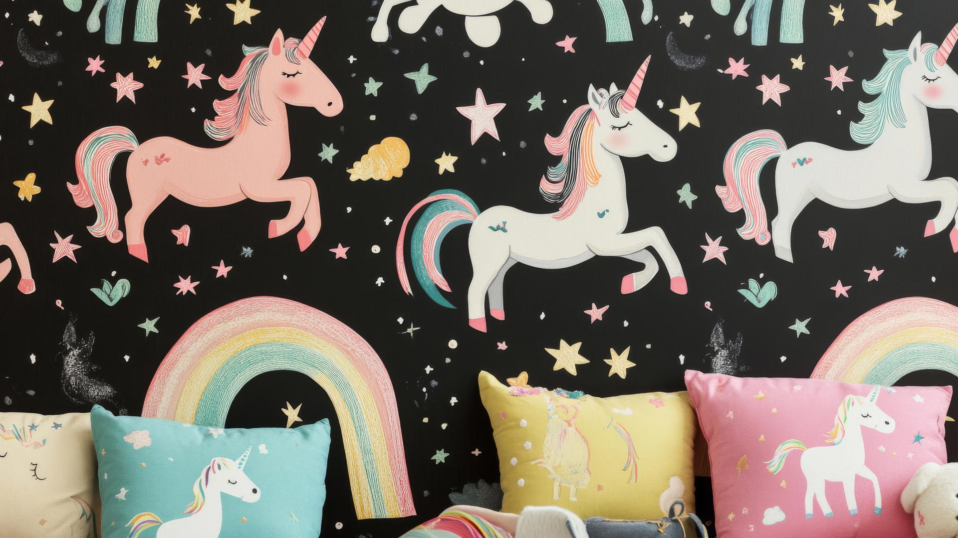 black wallpaper for girls with pastel unicorns and rainbows
