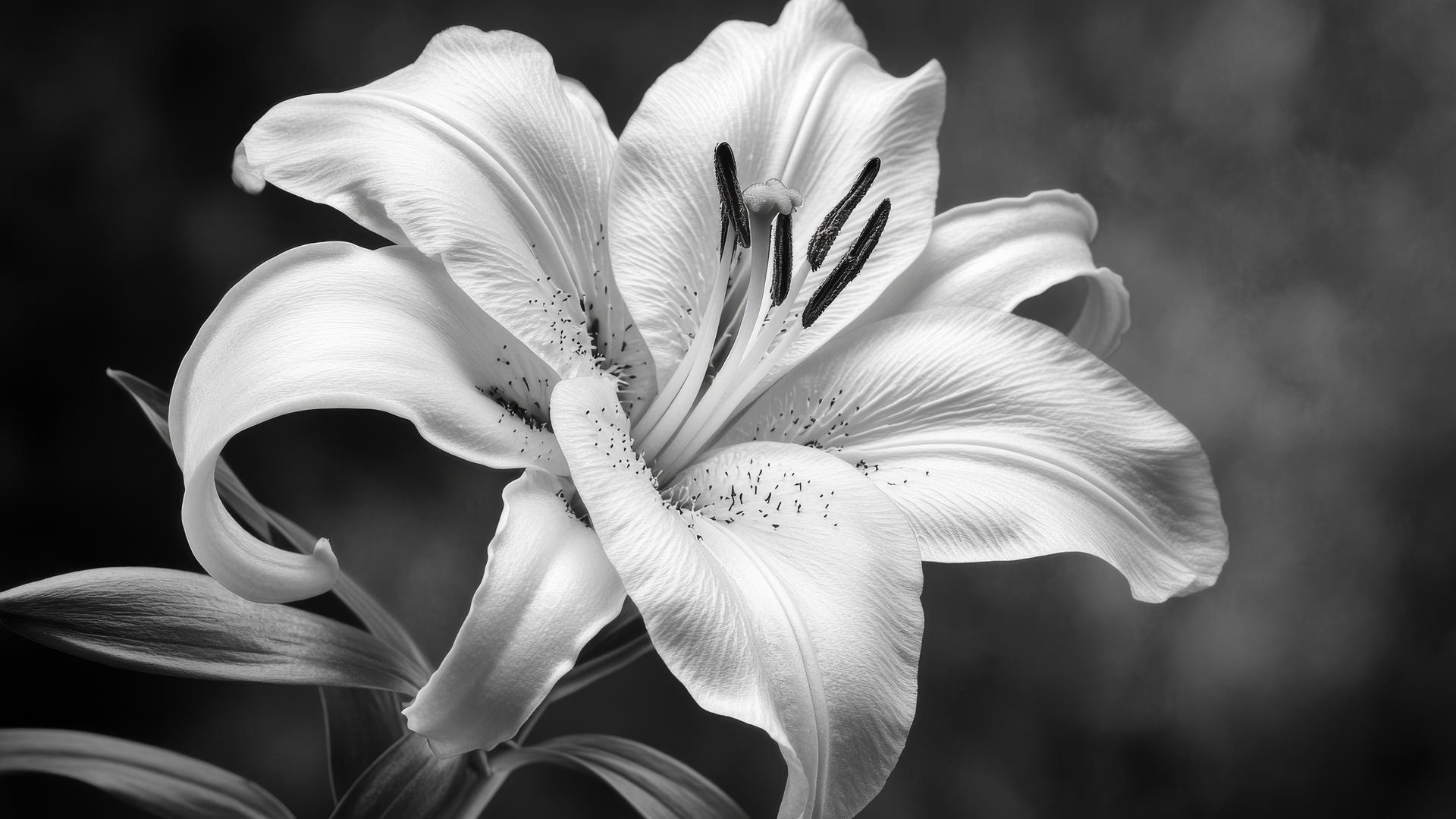 black and white floral wallpaper featuring a close-up of a lily in full bloom