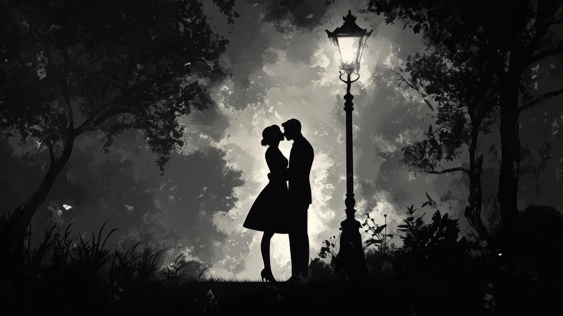 Silhouette of couple kissing under a streetlamp with soft glow in black and white aesthetic wallpaper