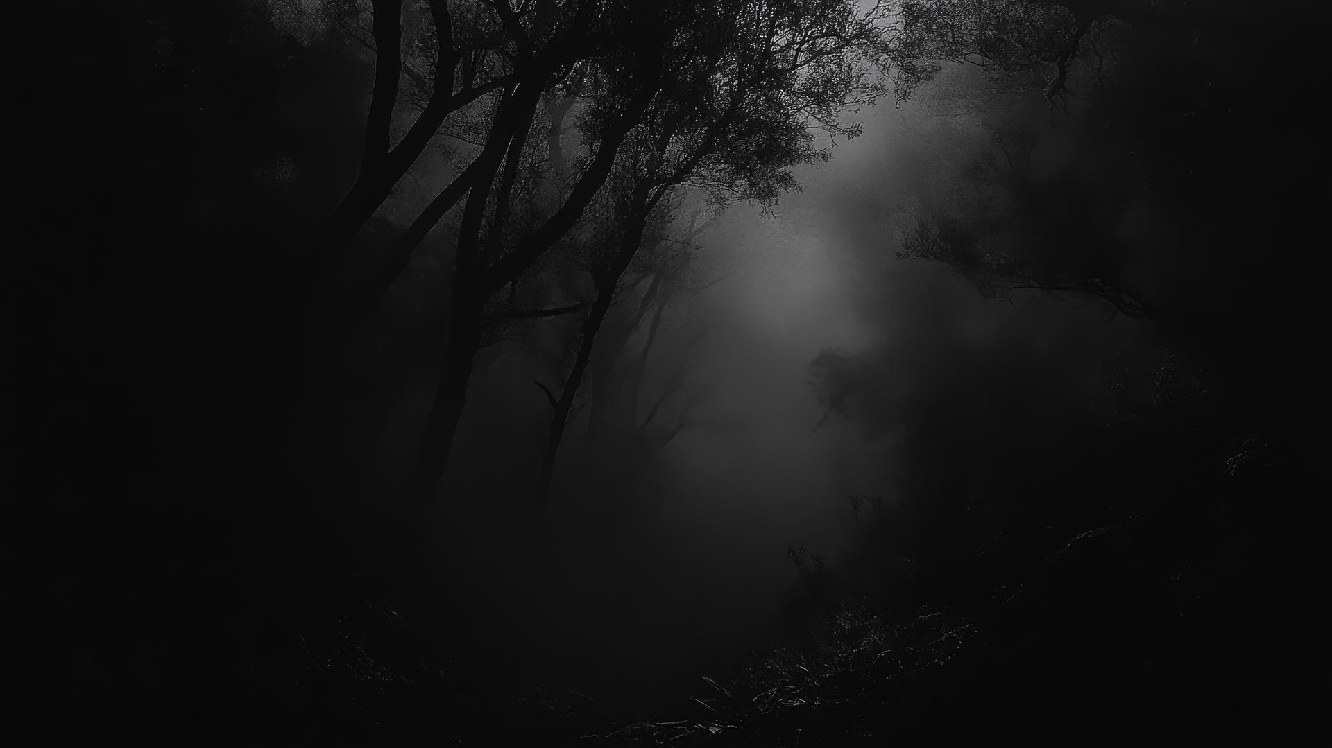 black aesthetic wallpaper with a mysterious nighttime forest shrouded in mist and shadows