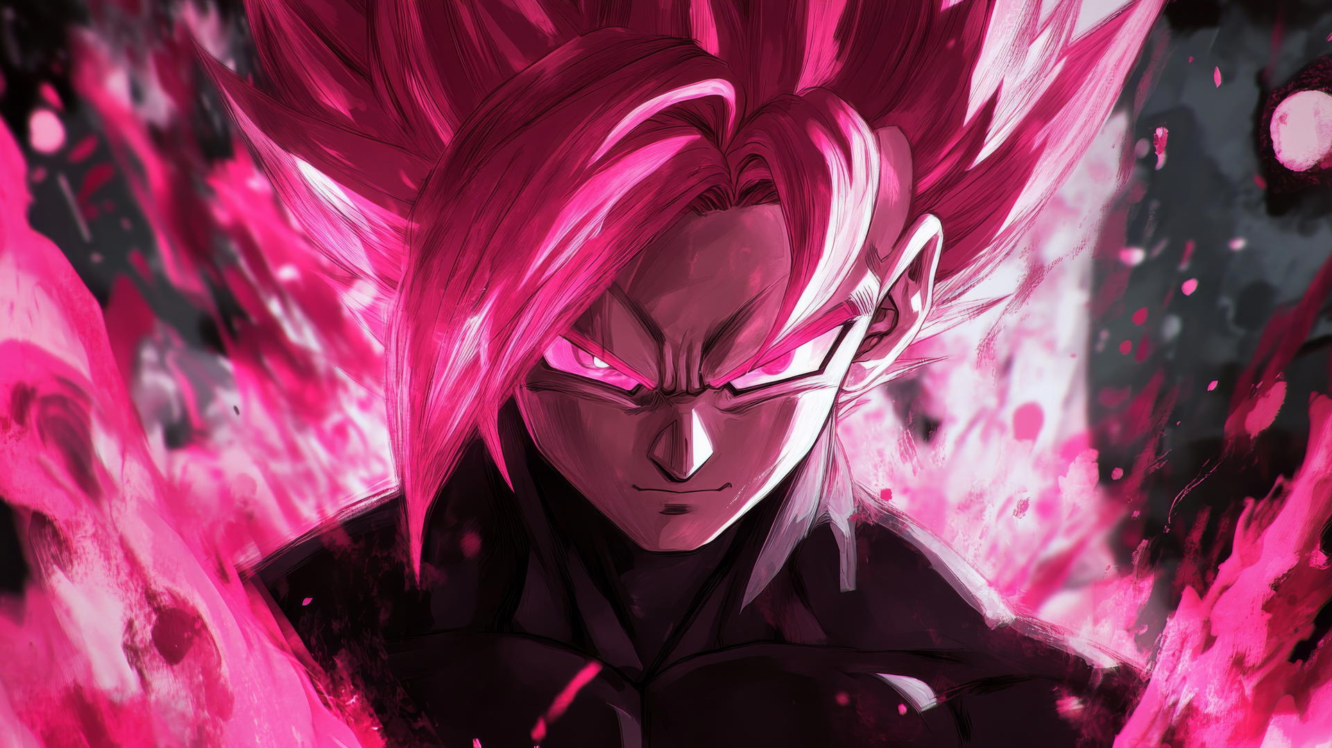 Goku Black in 4K, calm and menacing, shadowed face, glowing Rosé hair, abstract pink and black background