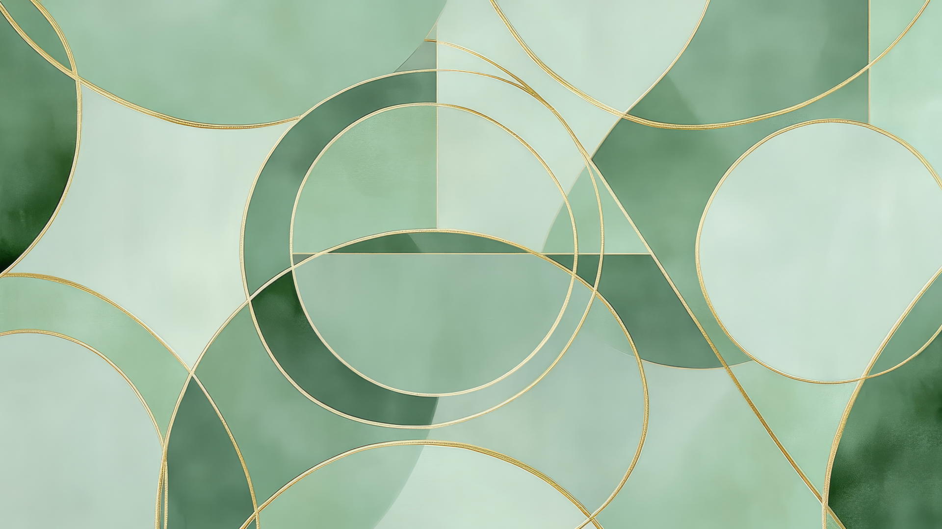 sage green aesthetic wallpaper with geometric circles and triangles, accented with gold lines