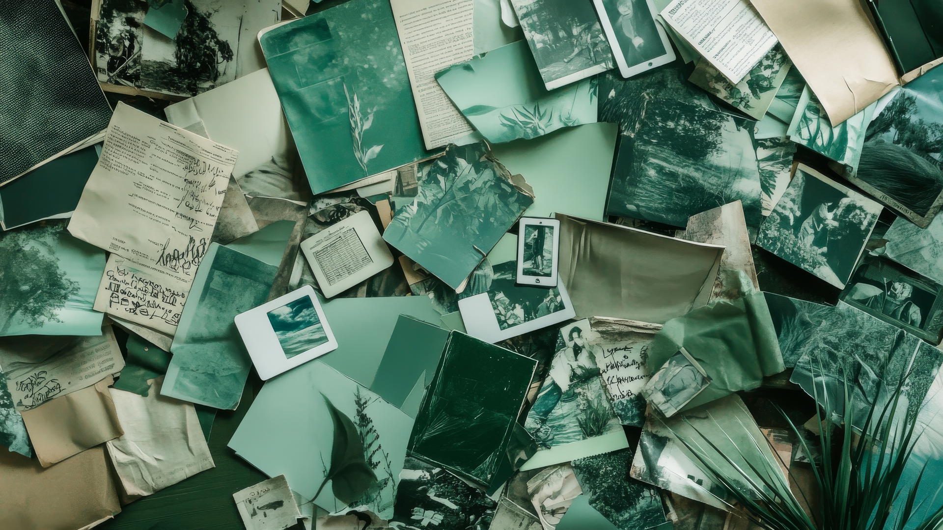 green aesthetic wallpaper with collage of magazine clippings, polaroid photos, and doodles