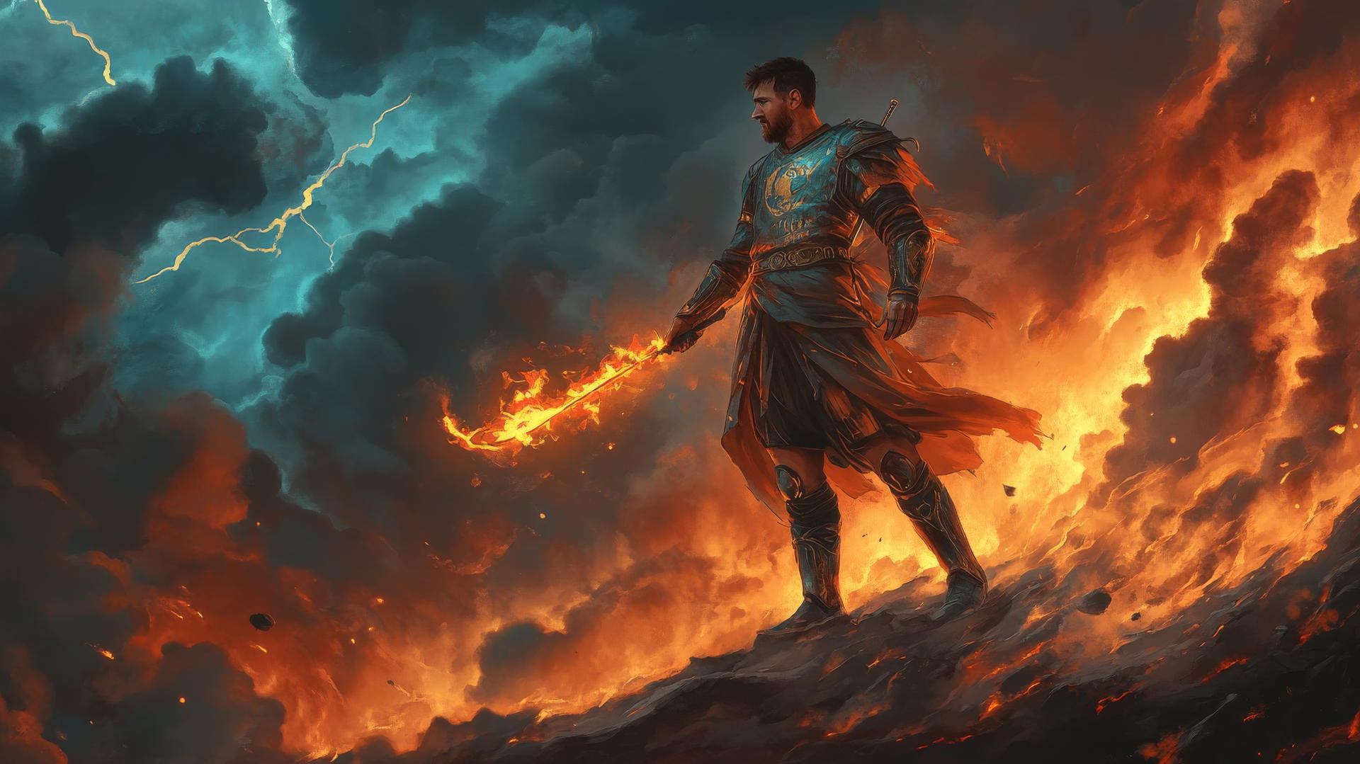 Messi wallpaper 4k, warrior Messi with a flaming sword in a stormy battlefield