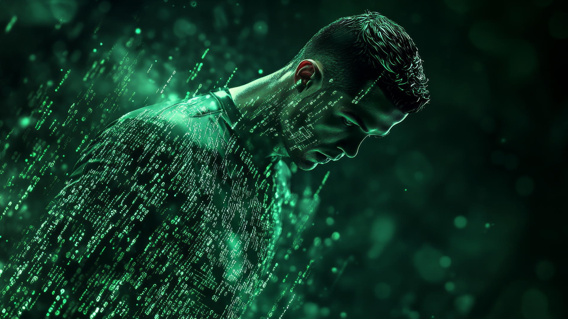 cool ronaldo wallpaper 4k with Cristiano Ronaldo surrounded by digital code in green and black.