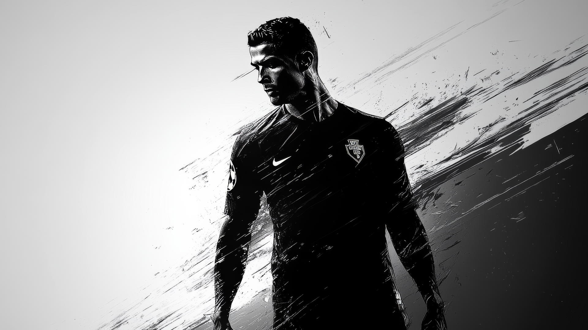 cool ronaldo wallpaper 4k in black-and-white silhouette with abstract background