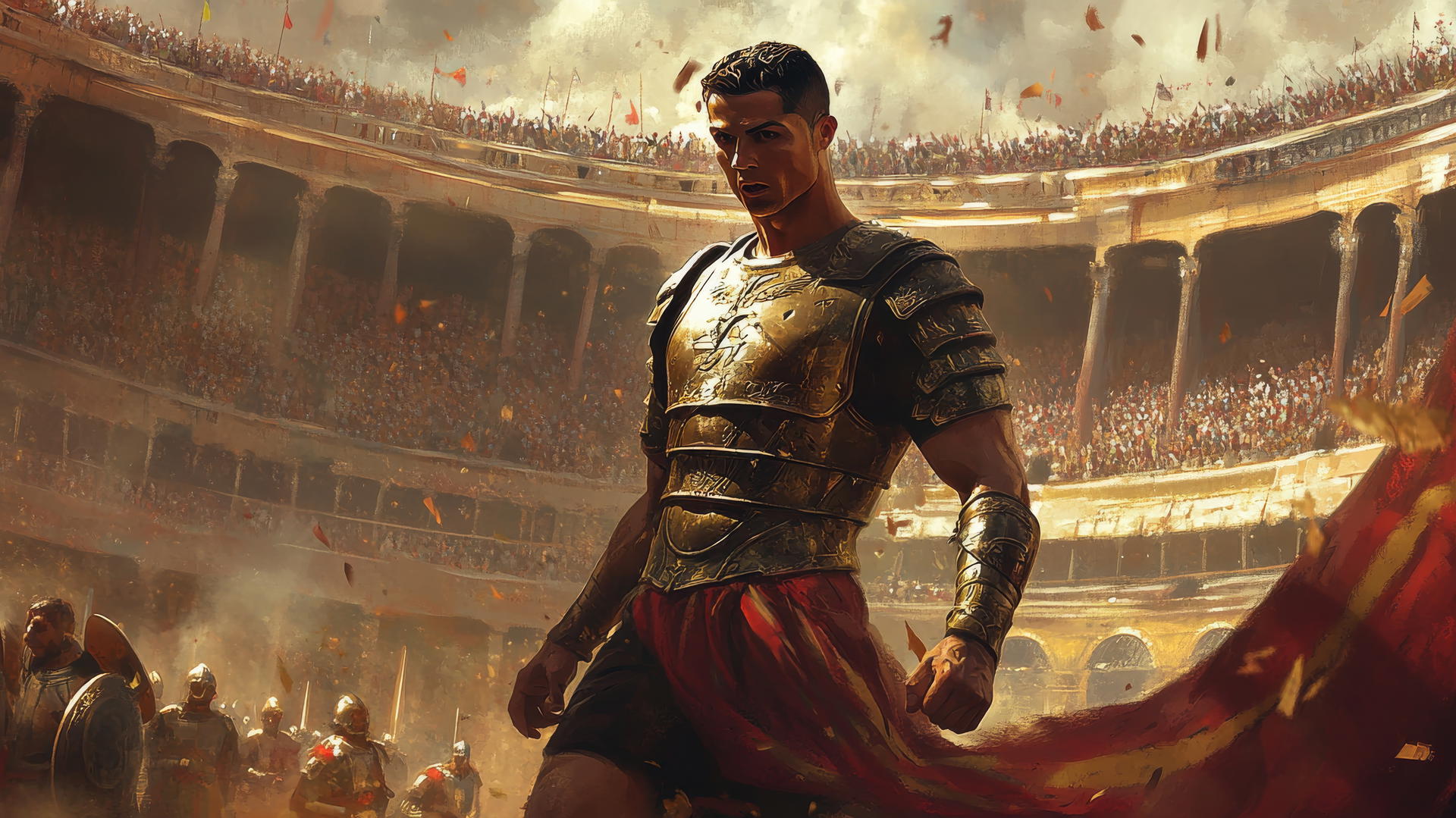 Cristiano Ronaldo wallpaper 4K as a modern-day gladiator in stylized armor