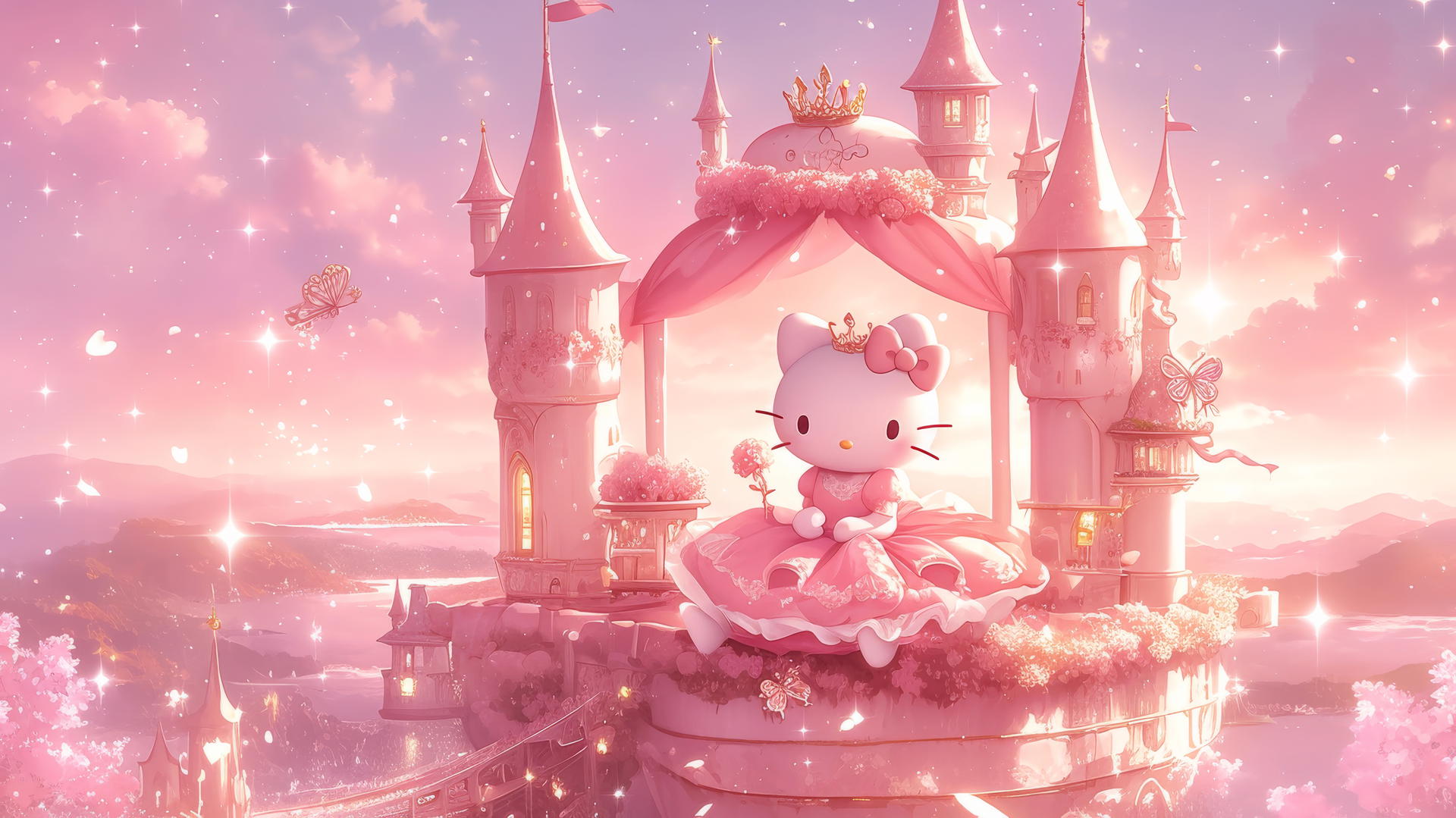 Pink Hello Kitty wallpaper with Hello Kitty as a princess in a pink castle