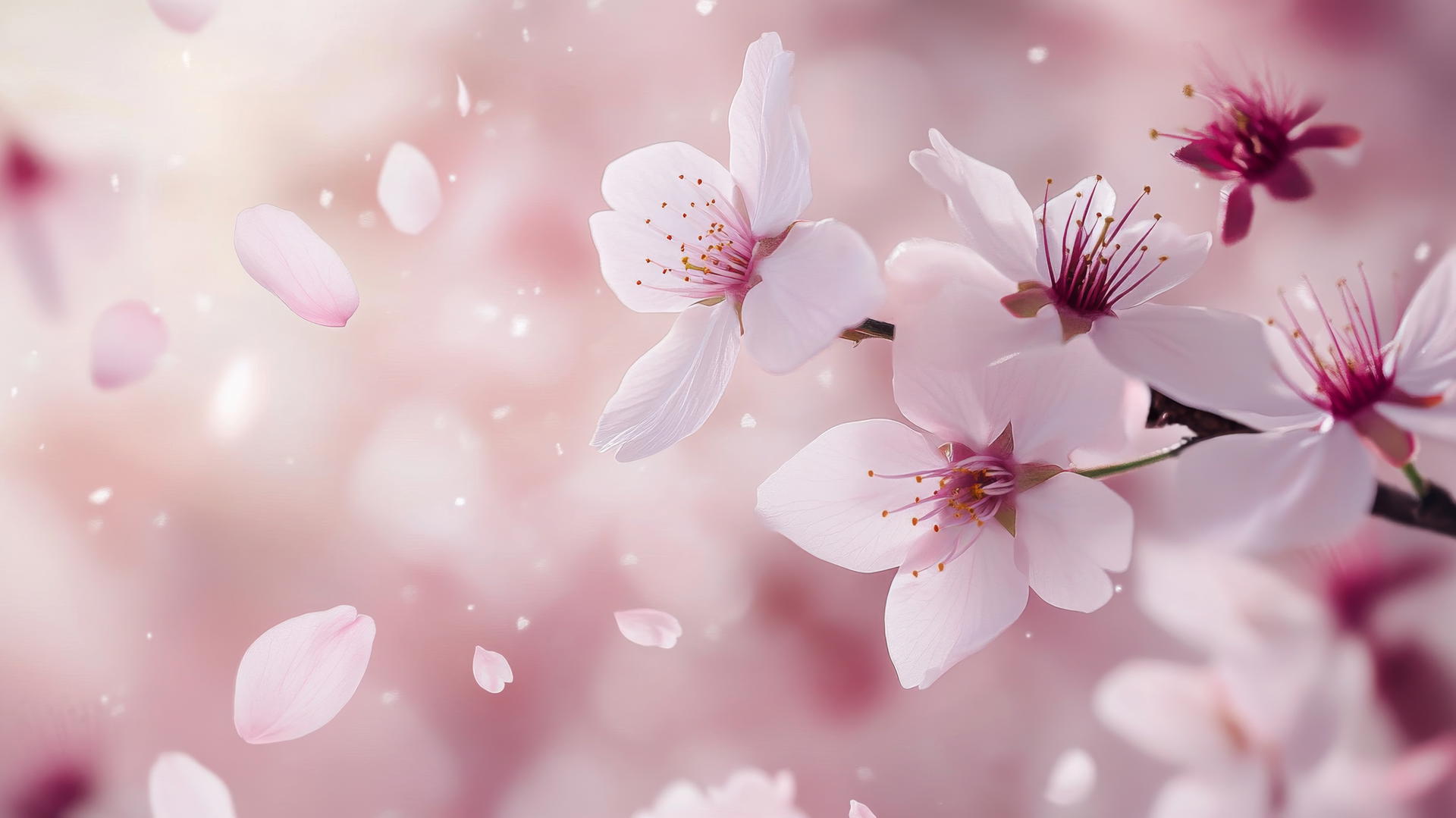 Nature aesthetic wallpaper of cherry blossoms in full bloom with falling petals