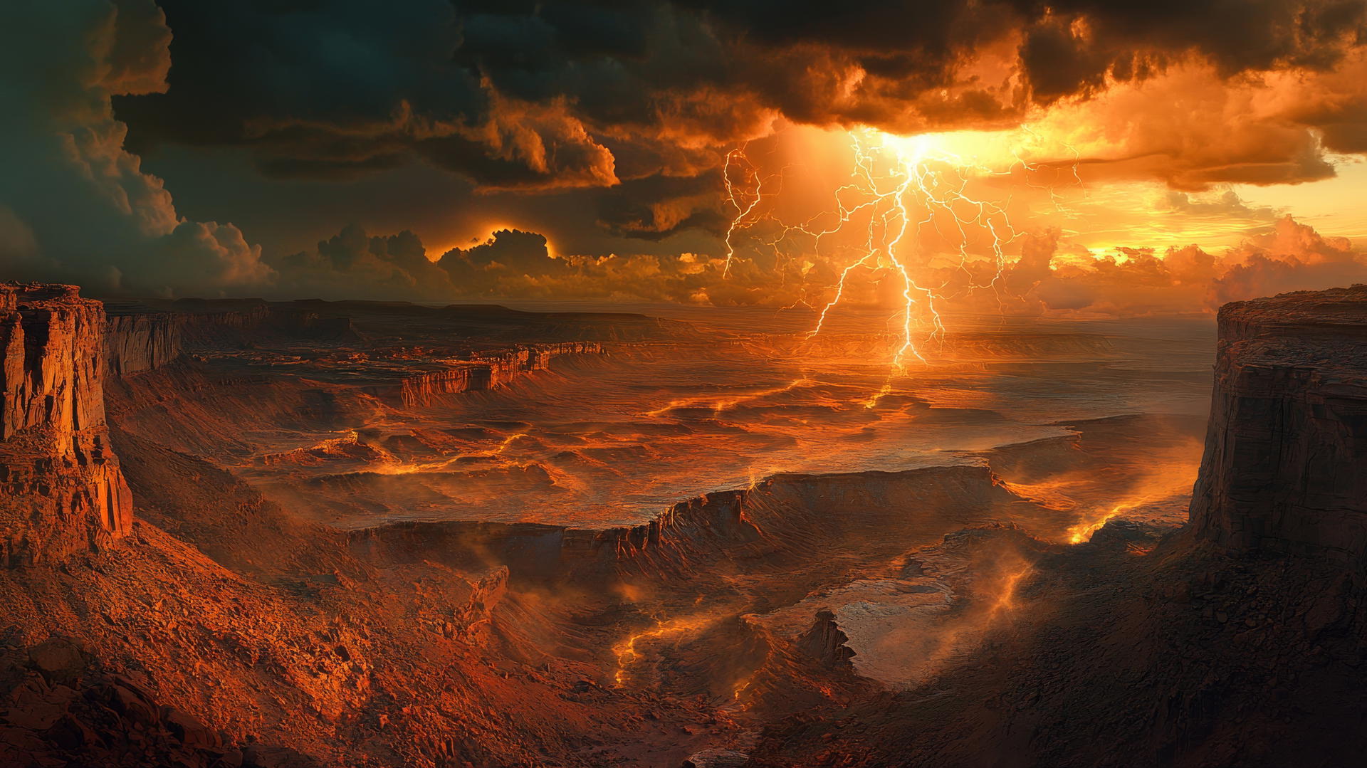 Beautiful nature wallpaper 4K with a thunderstorm over a desert landscape and lightning.