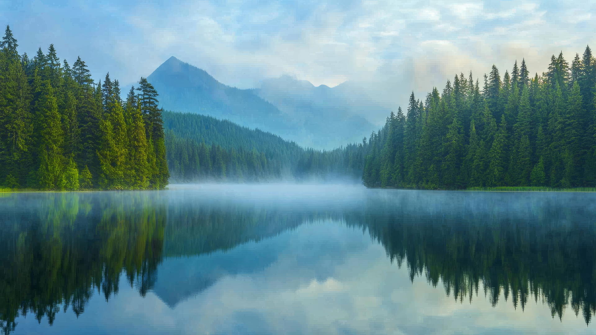 Nature wallpaper featuring a calm lake, dense pine forest, and morning mist.