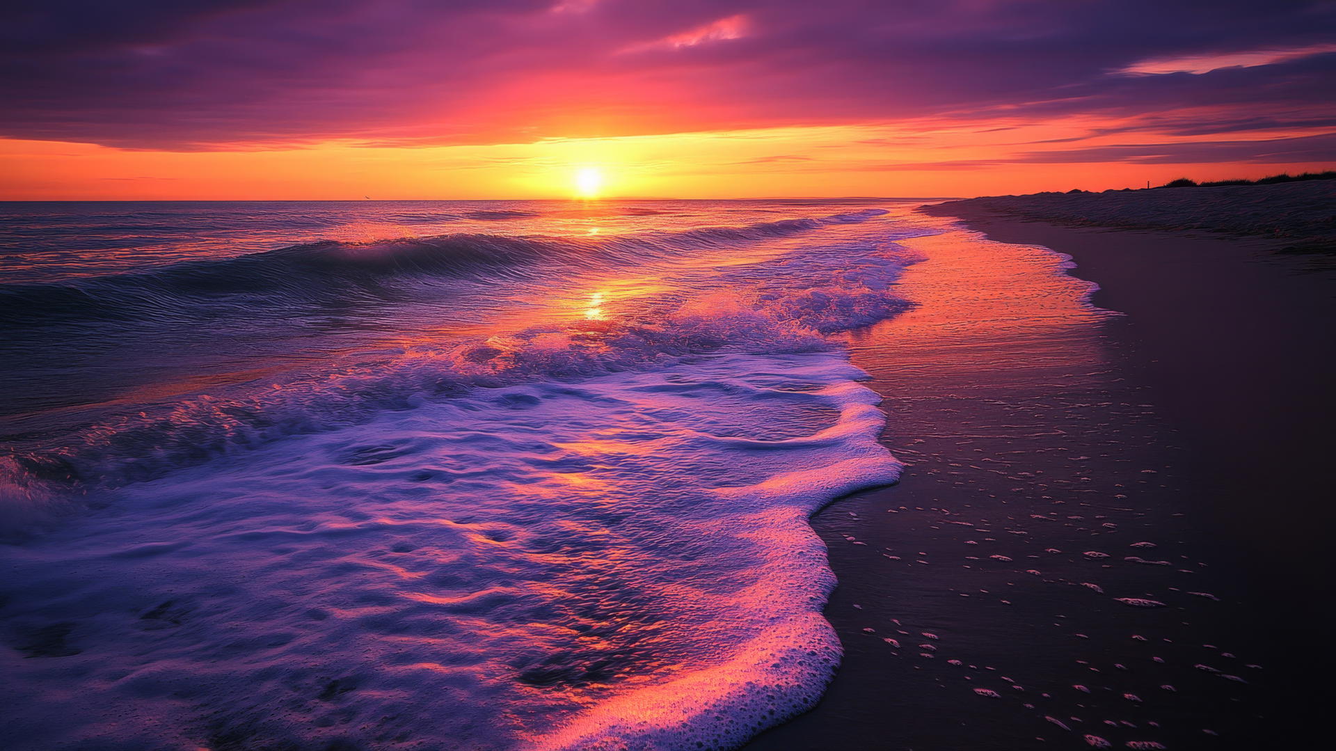 Nature wallpaper of a peaceful beach with gentle waves and dramatic sunset