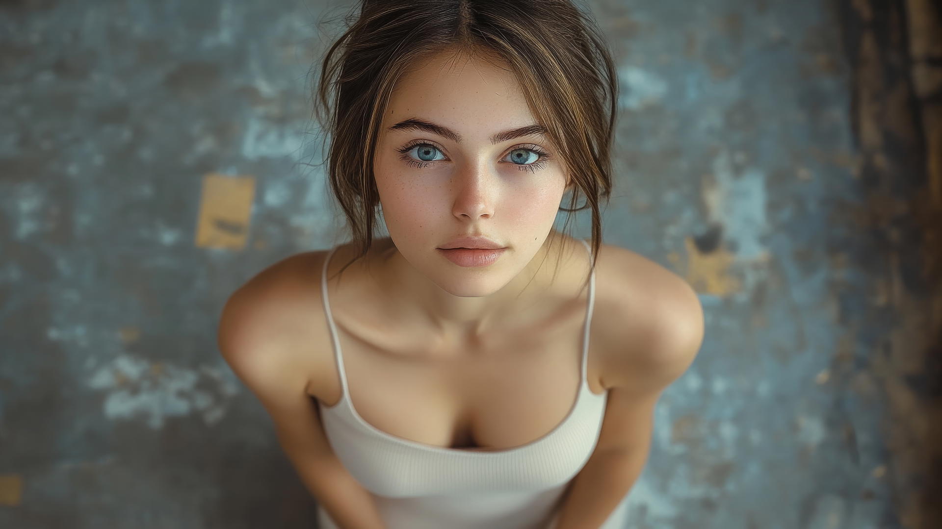 dark theme, girl kneeling, looking down and smiling, smooth pink skin