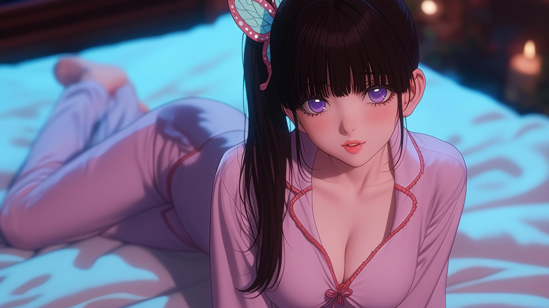 Kanao Tsuyuri in pajamas, kneeling, seen from above, with warm light highlighting her.
